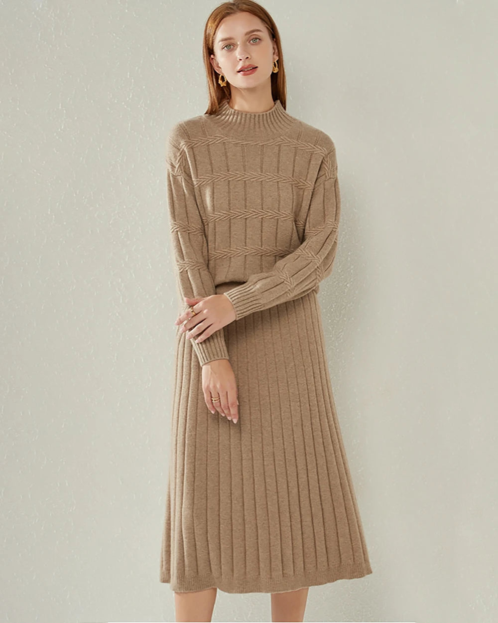 Textured Mock Neck Cashmere Sweater, Dark Camel