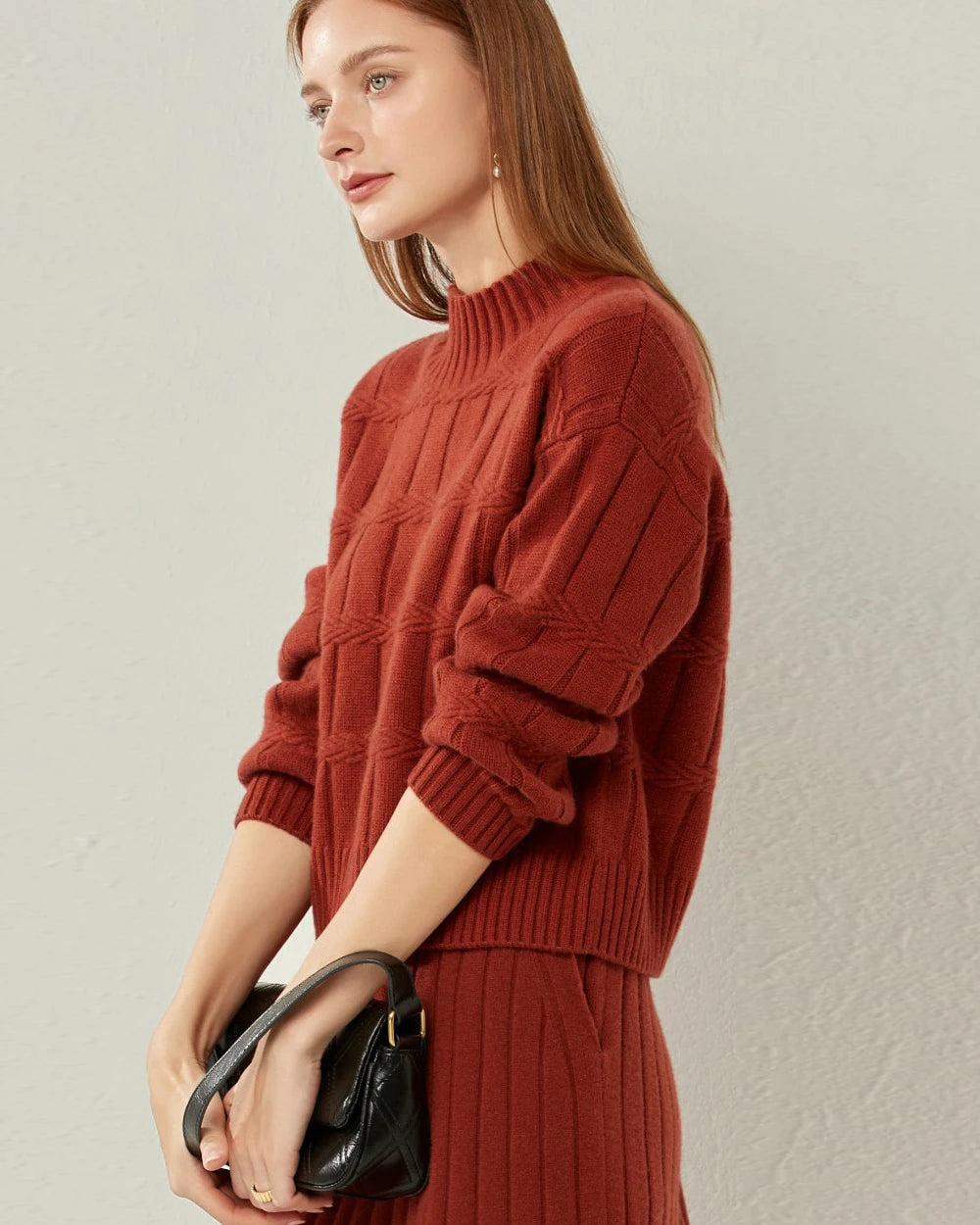 Textured Mock Neck Cashmere Sweater, Dark Red