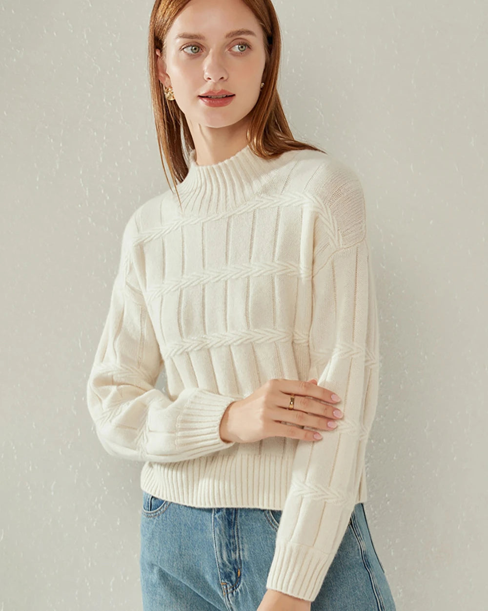 Textured Mock Neck Cashmere Sweater, White