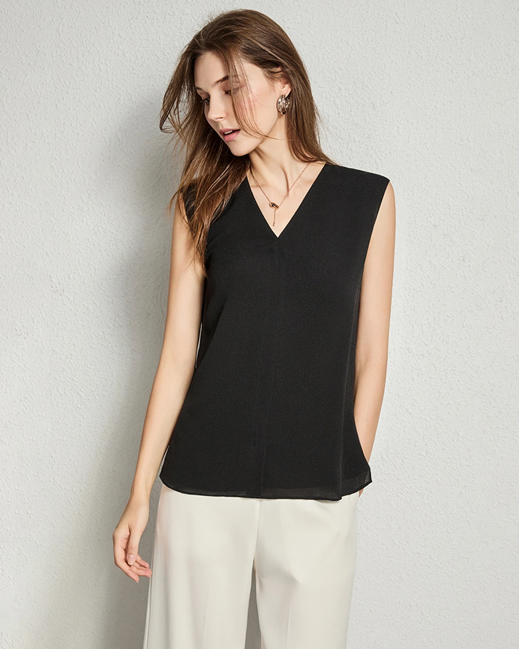 Split V-neck Sleeveless Silk Top, Black