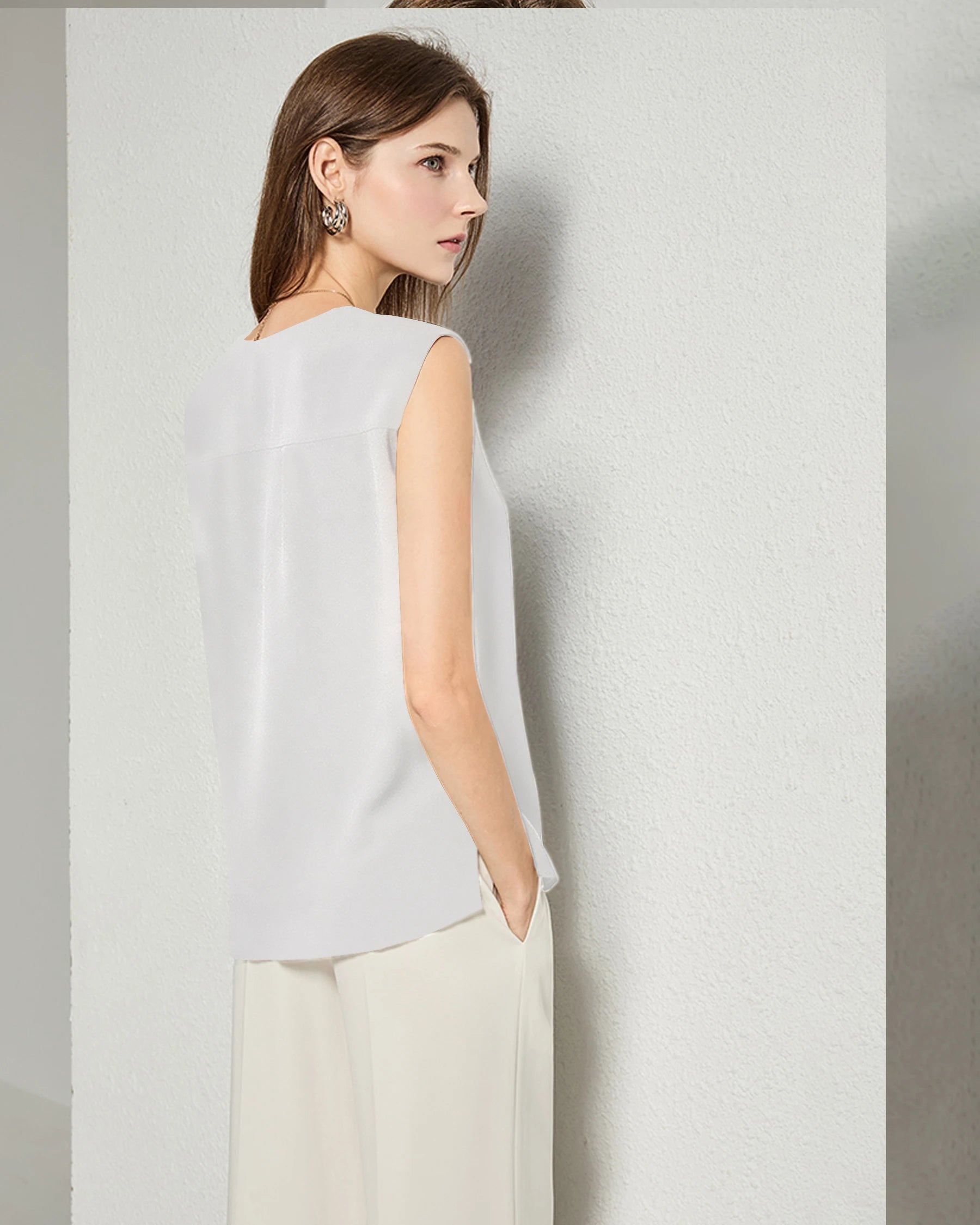 Split V-neck Sleeveless Silk Top, White