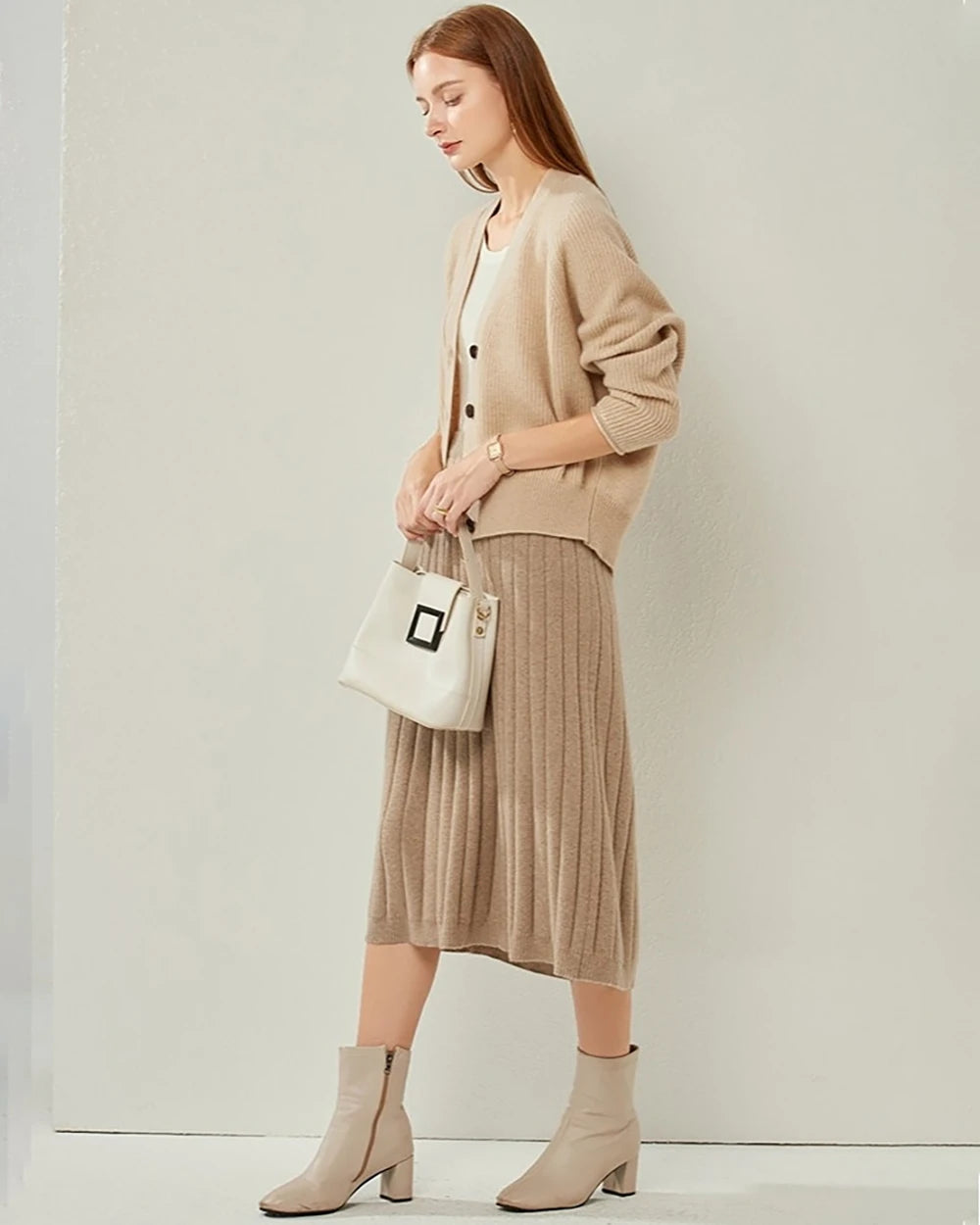 V Neck Cashmere Cardigan, Camel