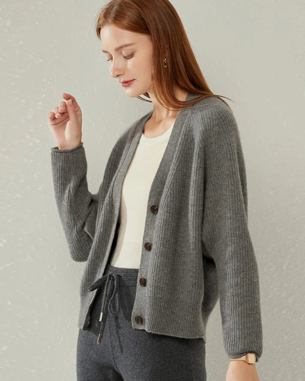 V Neck Cashmere Cardigan, Grey