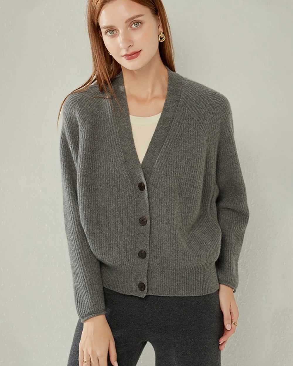 V Neck Cashmere Cardigan, Grey