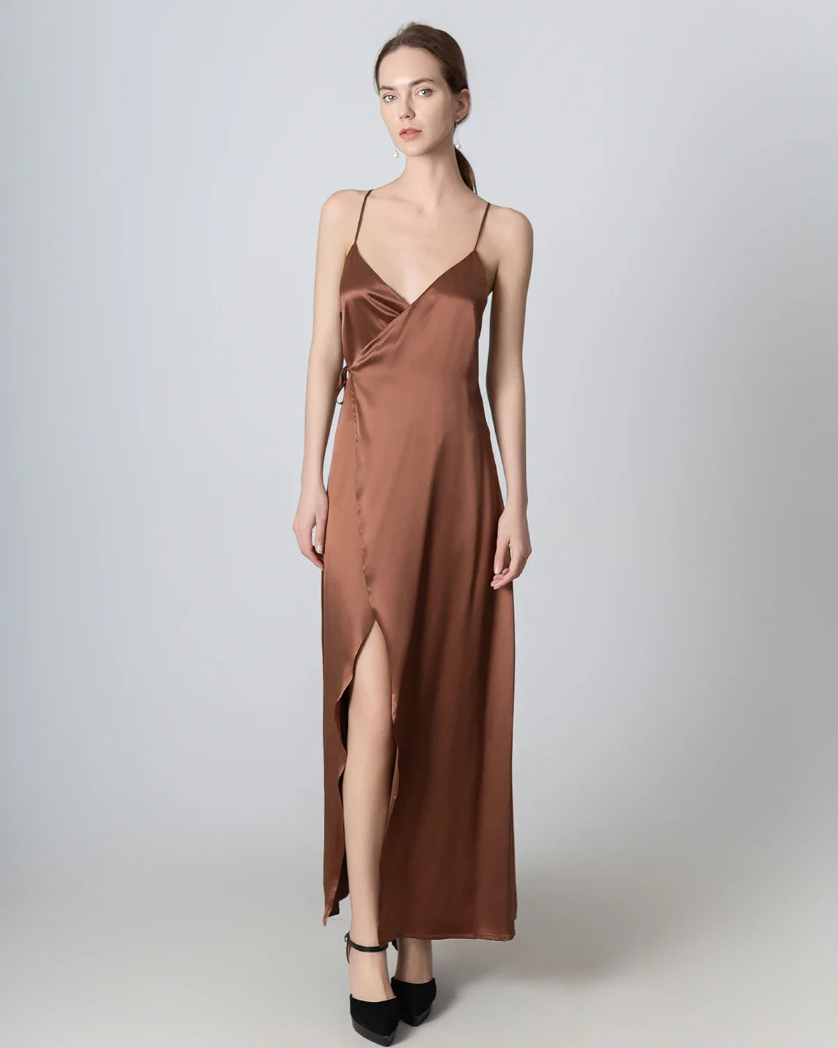 V Neck Backless Wrap Maxi Silk Dress, Brown