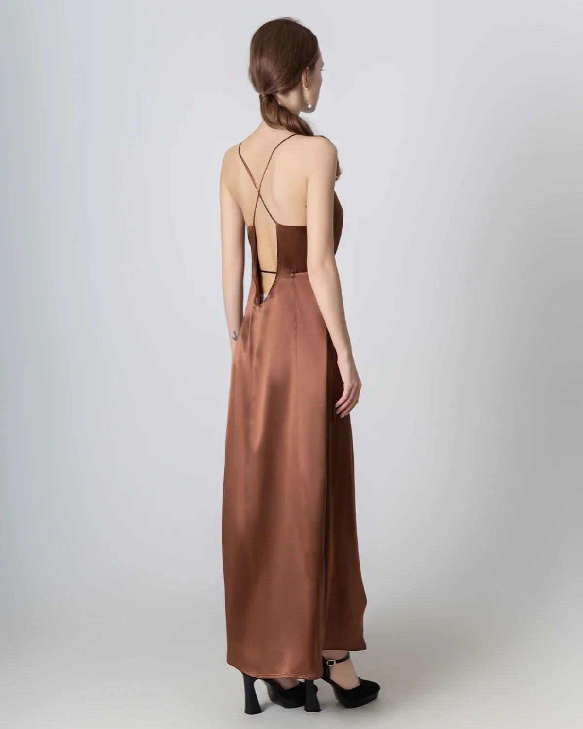 V Neck Backless Wrap Maxi Silk Dress, Brown