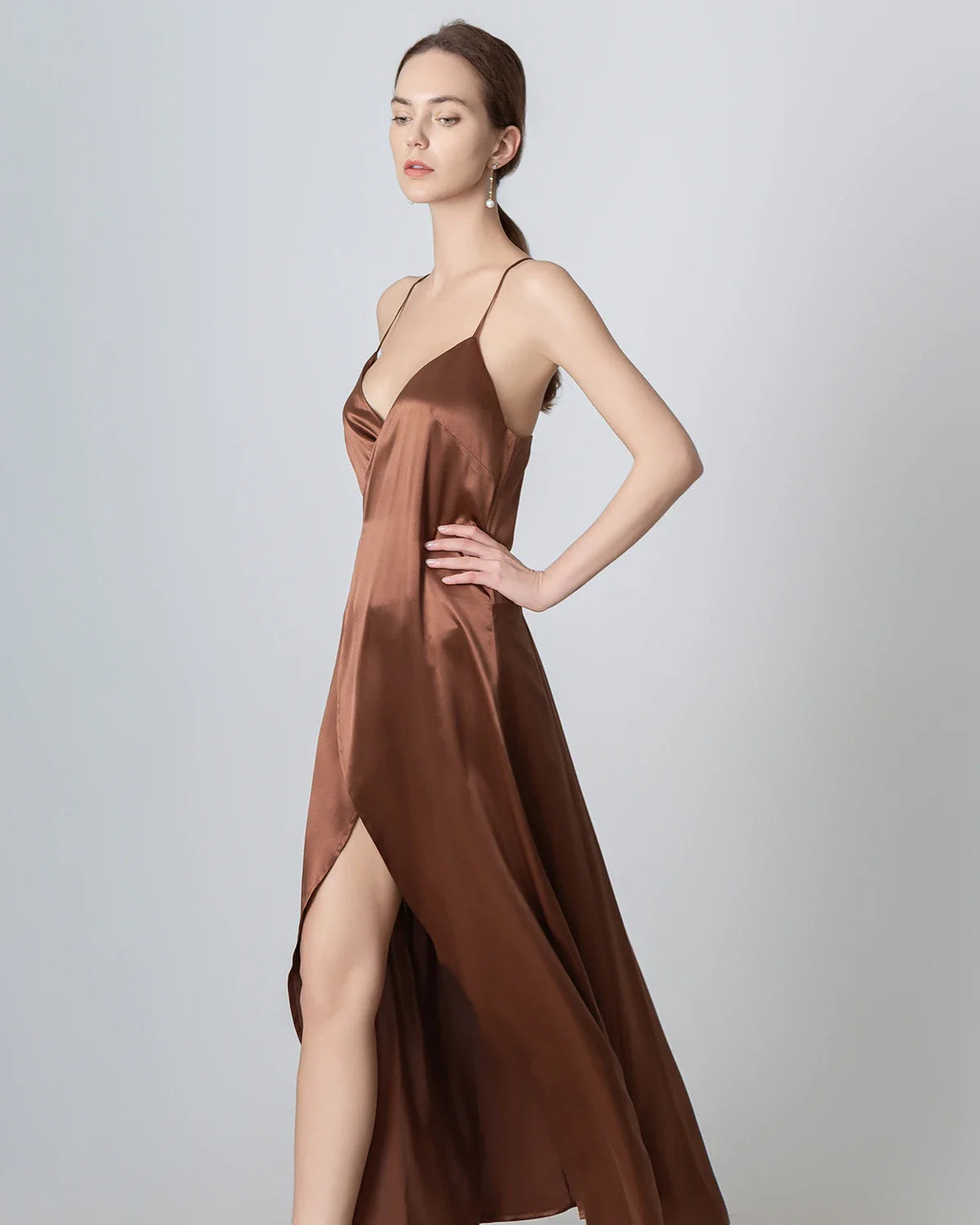 V Neck Backless Wrap Maxi Silk Dress, Brown