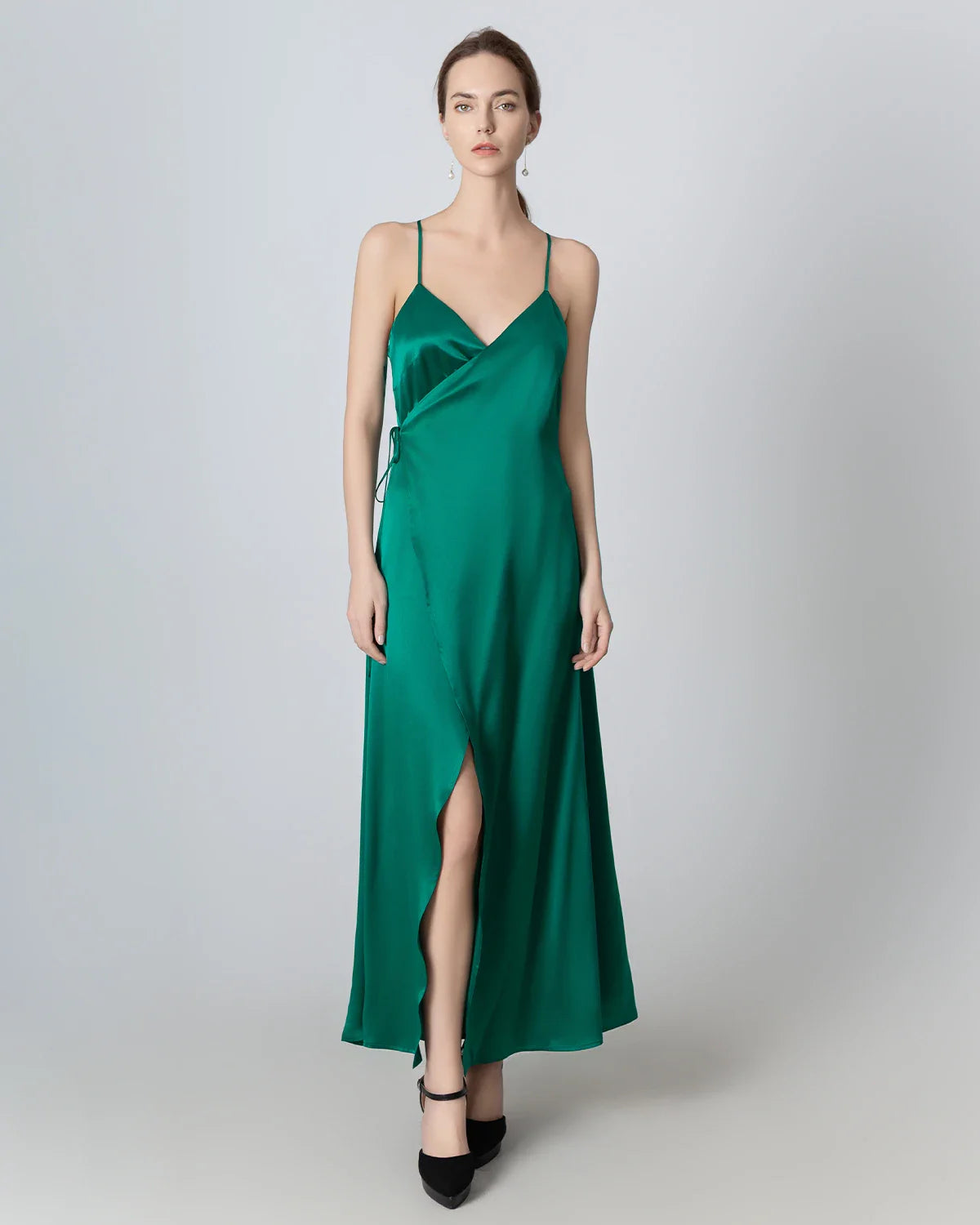 V Neck Backless Wrap Maxi Silk Dress, Dark Green