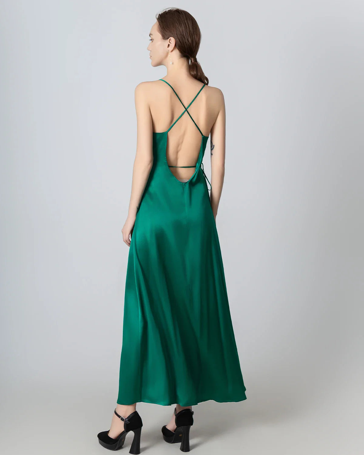 V Neck Backless Wrap Maxi Silk Dress, Dark Green