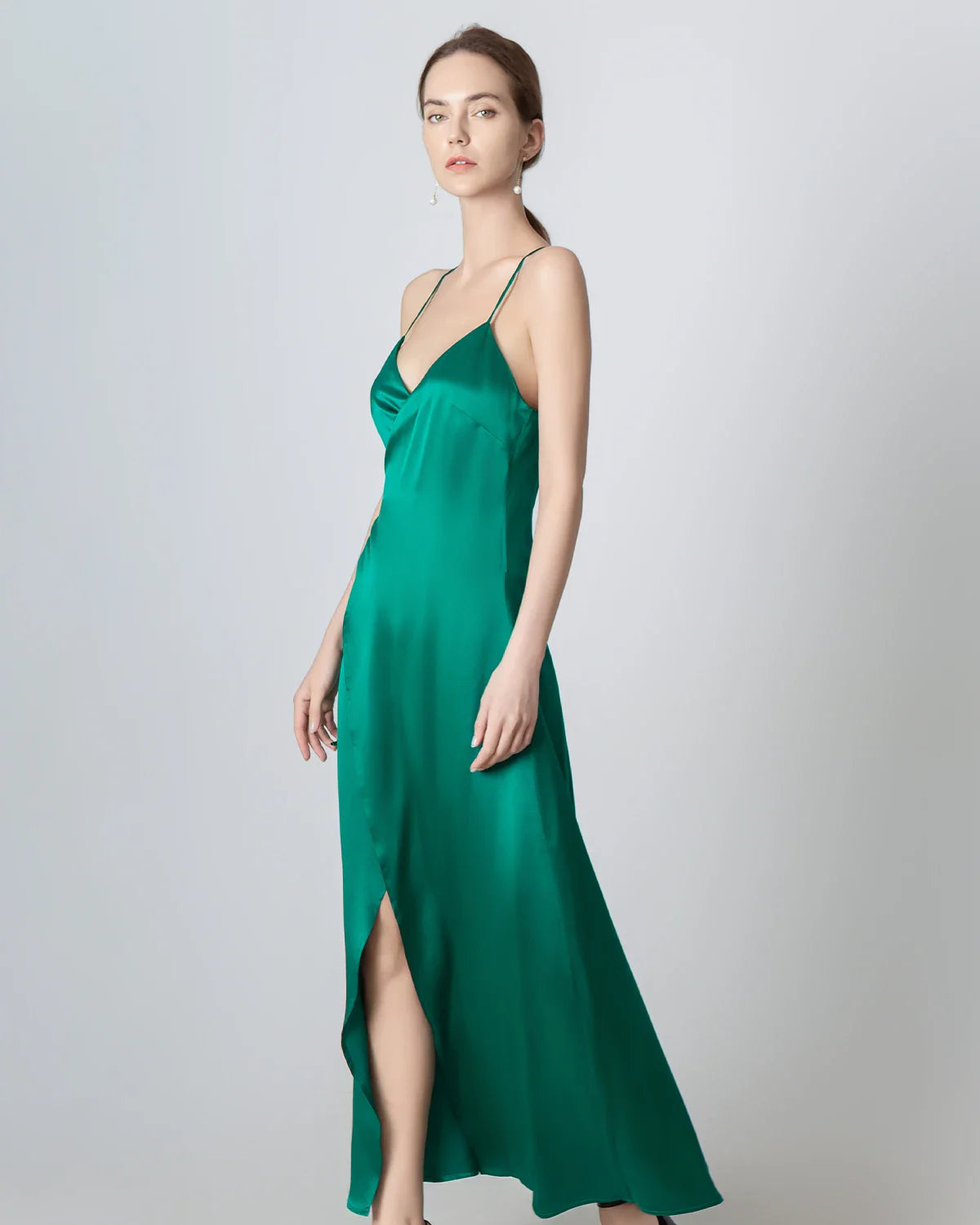 V Neck Backless Wrap Maxi Silk Dress, Dark Green