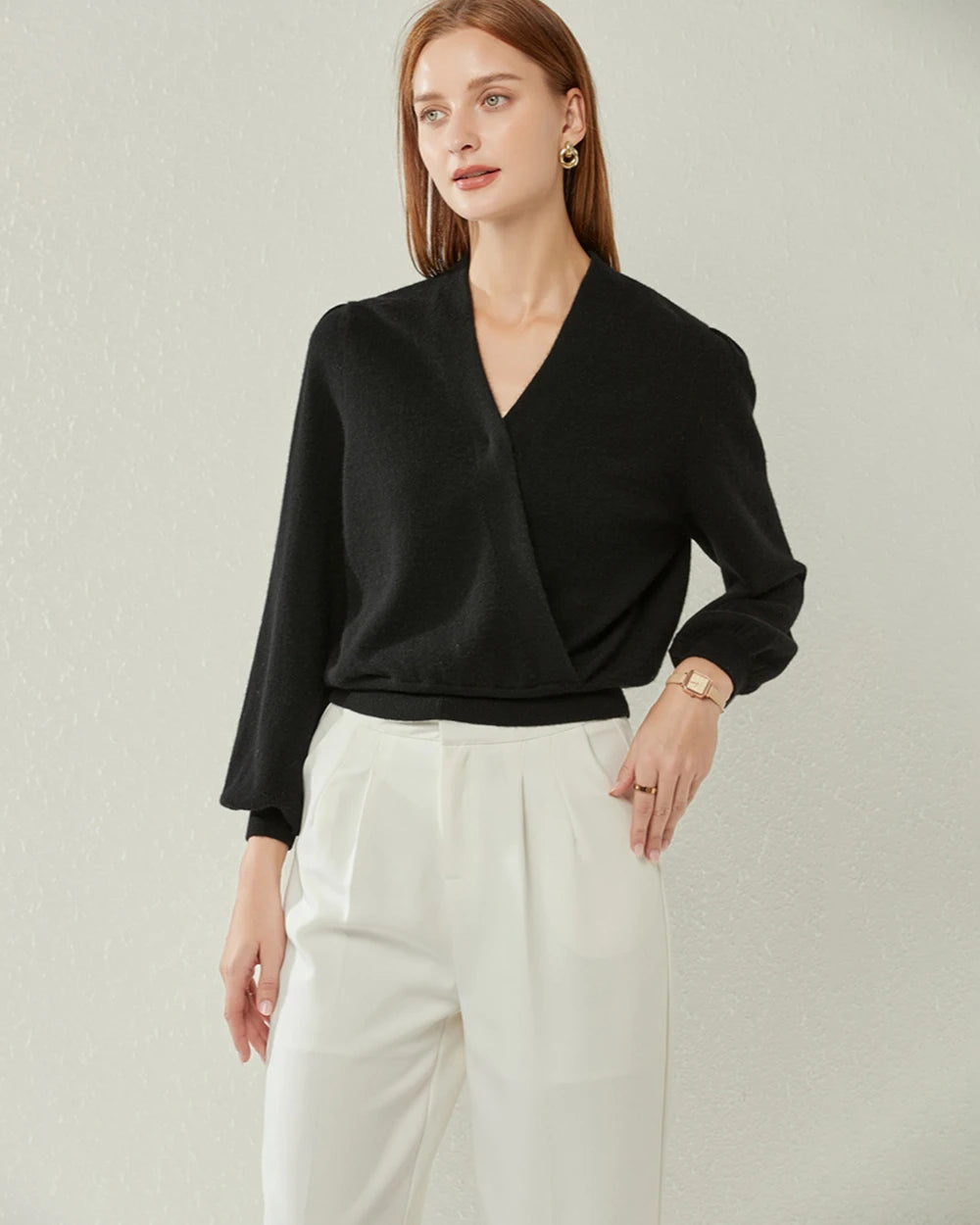 V-neck Lantern Sleeve Cashmere Sweater, Black