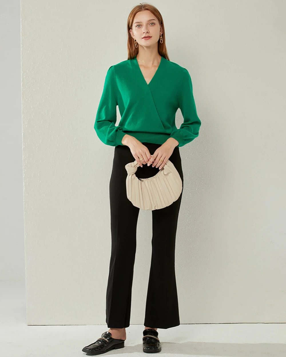 V-neck Lantern Sleeve Cashmere Sweater, Green