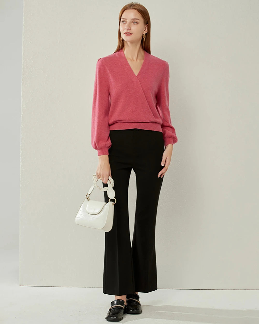 V-neck Lantern Sleeve Cashmere Sweater, Pink