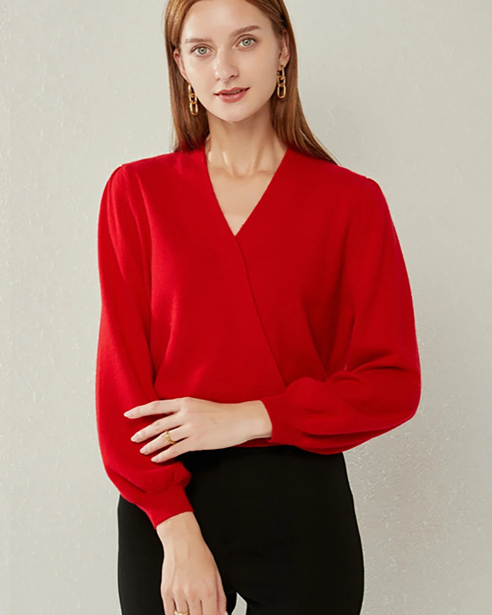 V-neck Lantern Sleeve Cashmere Sweater, Red