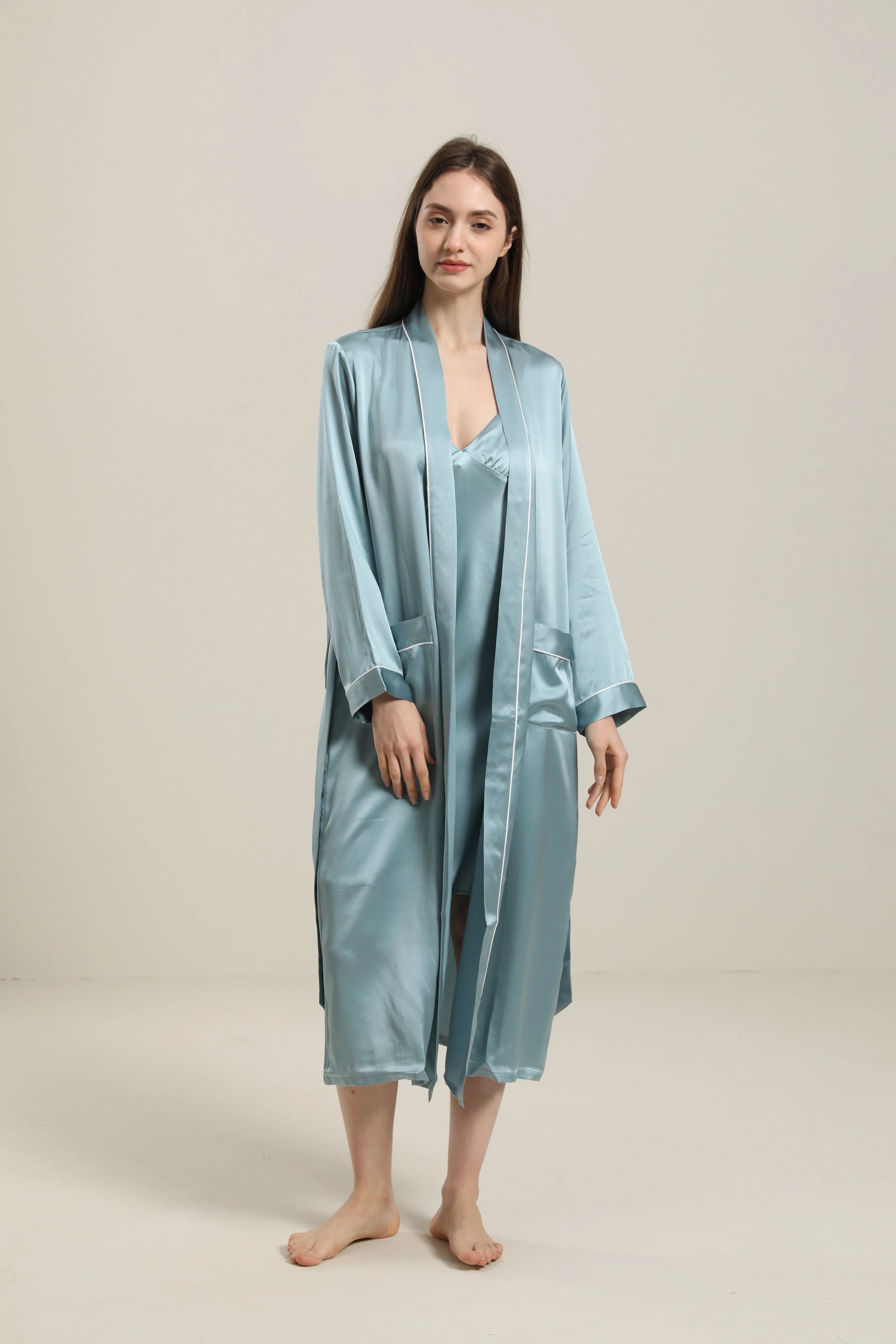 Washable Pure Color Silk Robe For Women, Haze Blue