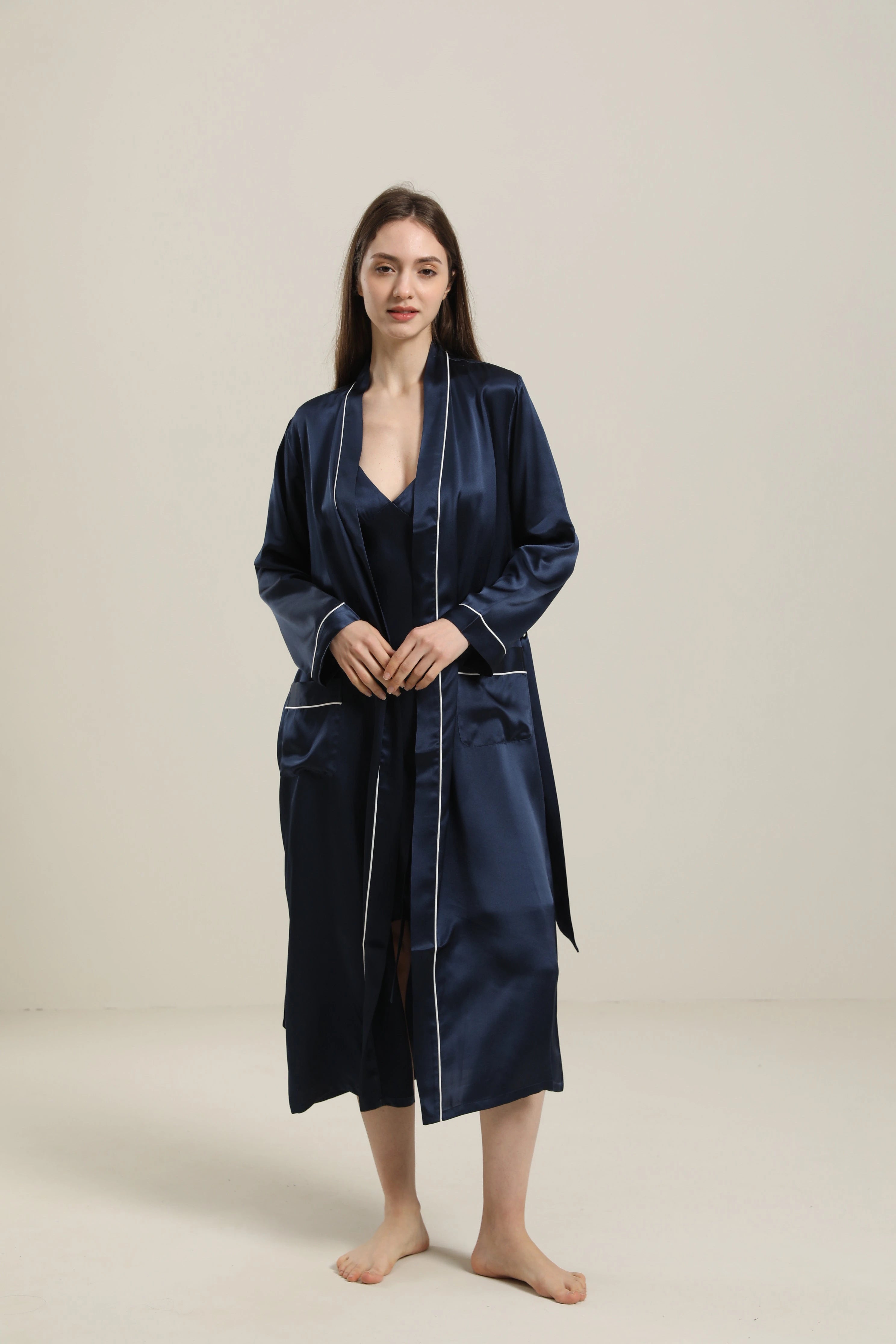 Washable Pure Color Silk Robe For Women, Navy