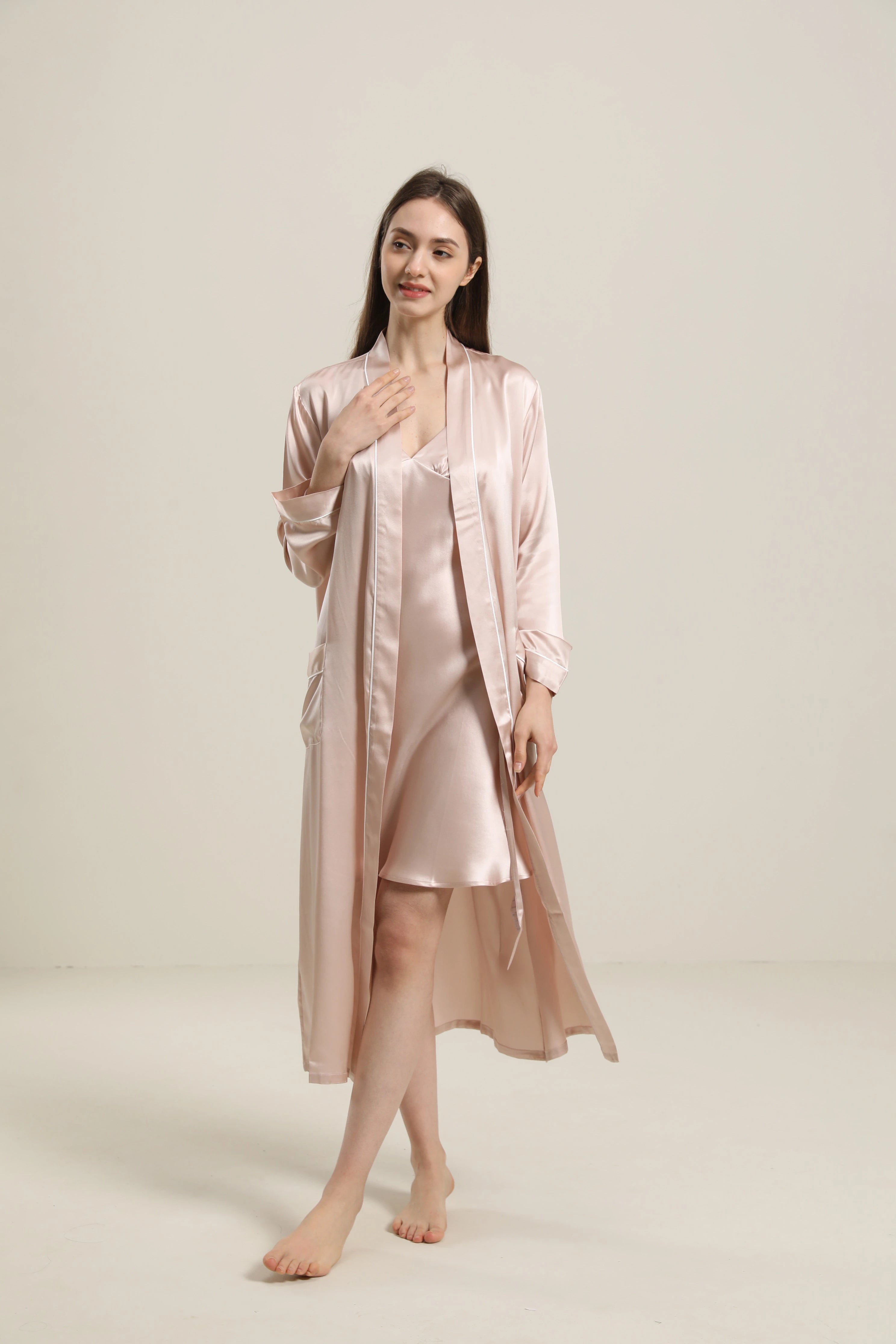 Washable Pure Color Silk Robe For Women, Pink