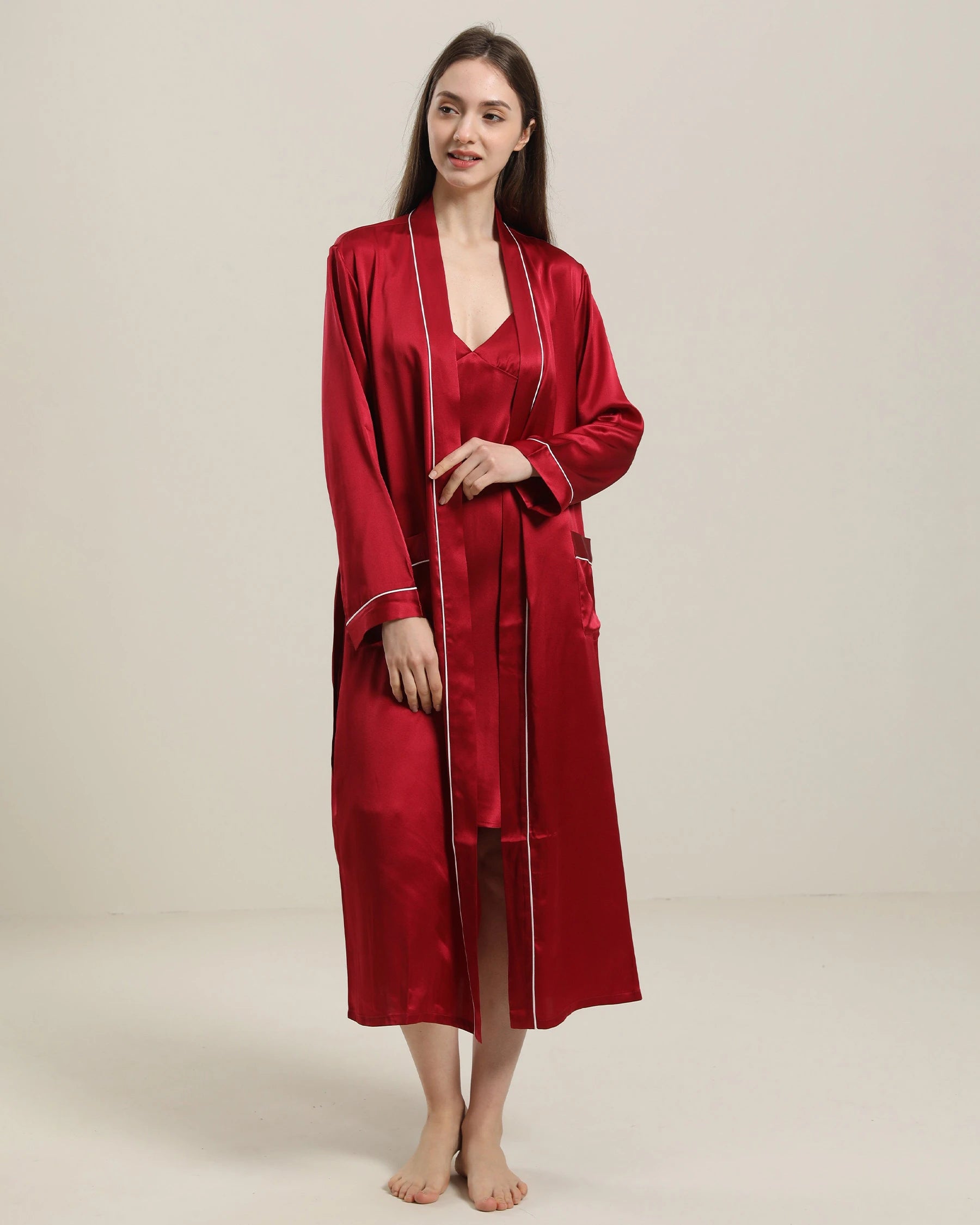 Washable Pure Color Silk Robe For Women, Red