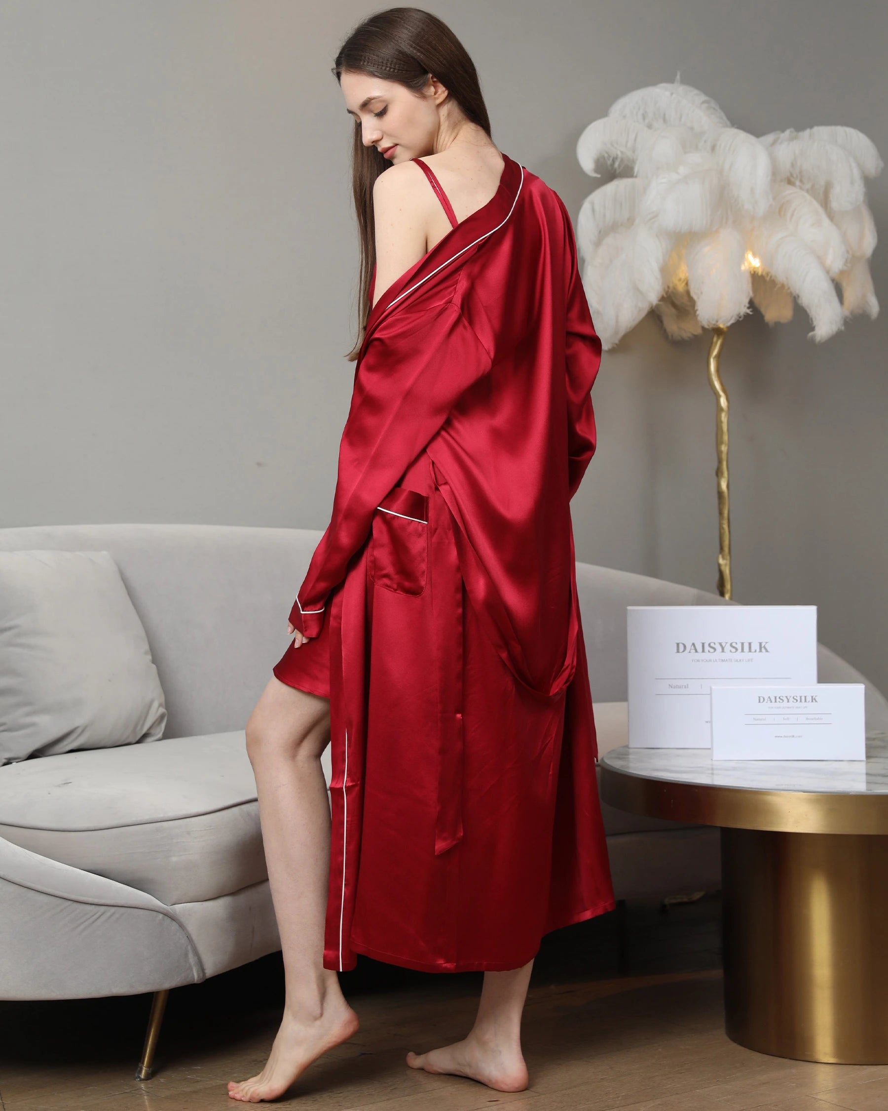 Washable Pure Color Silk Robe For Women, Red