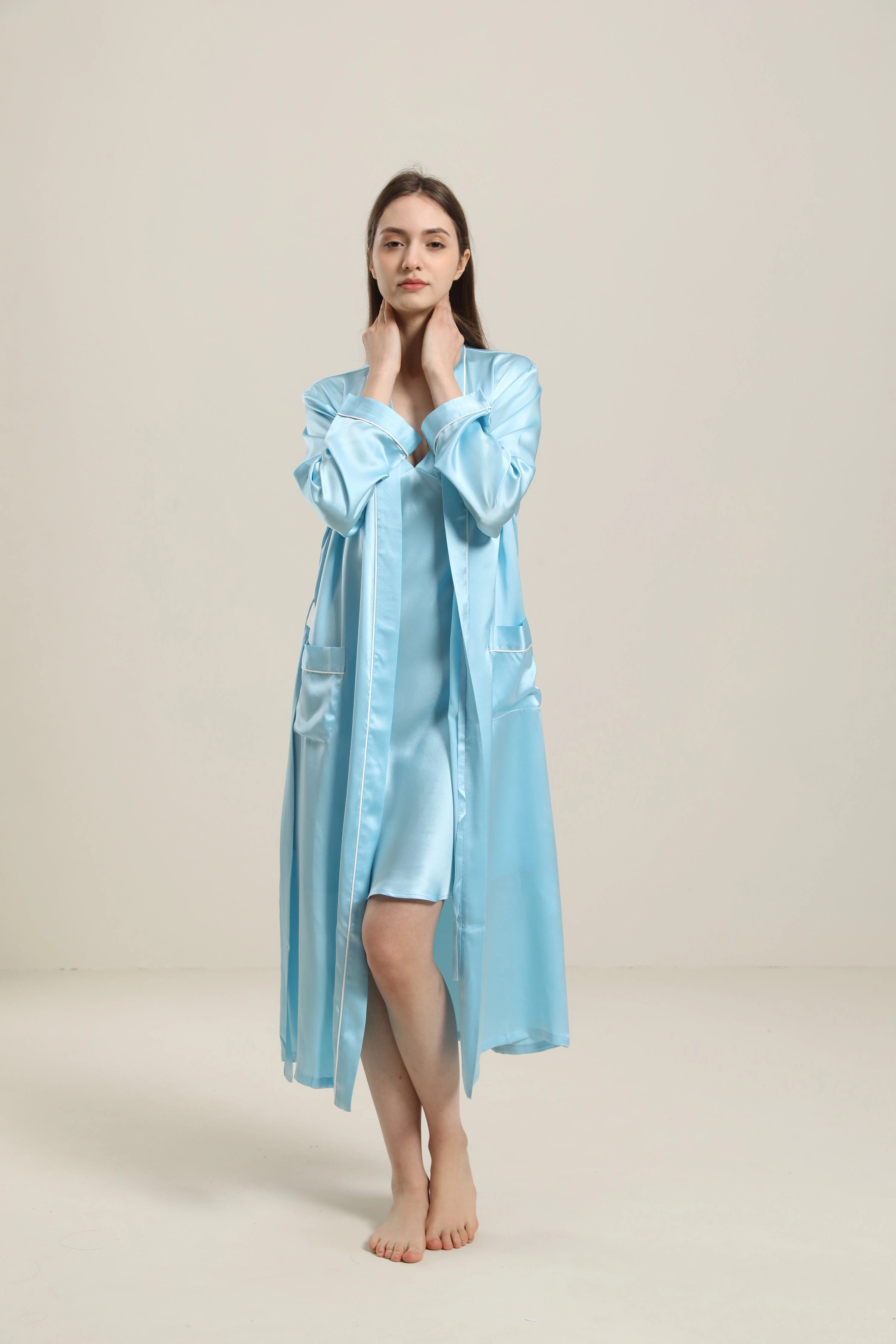 Washable Pure Color Silk Robe For Women, Blue