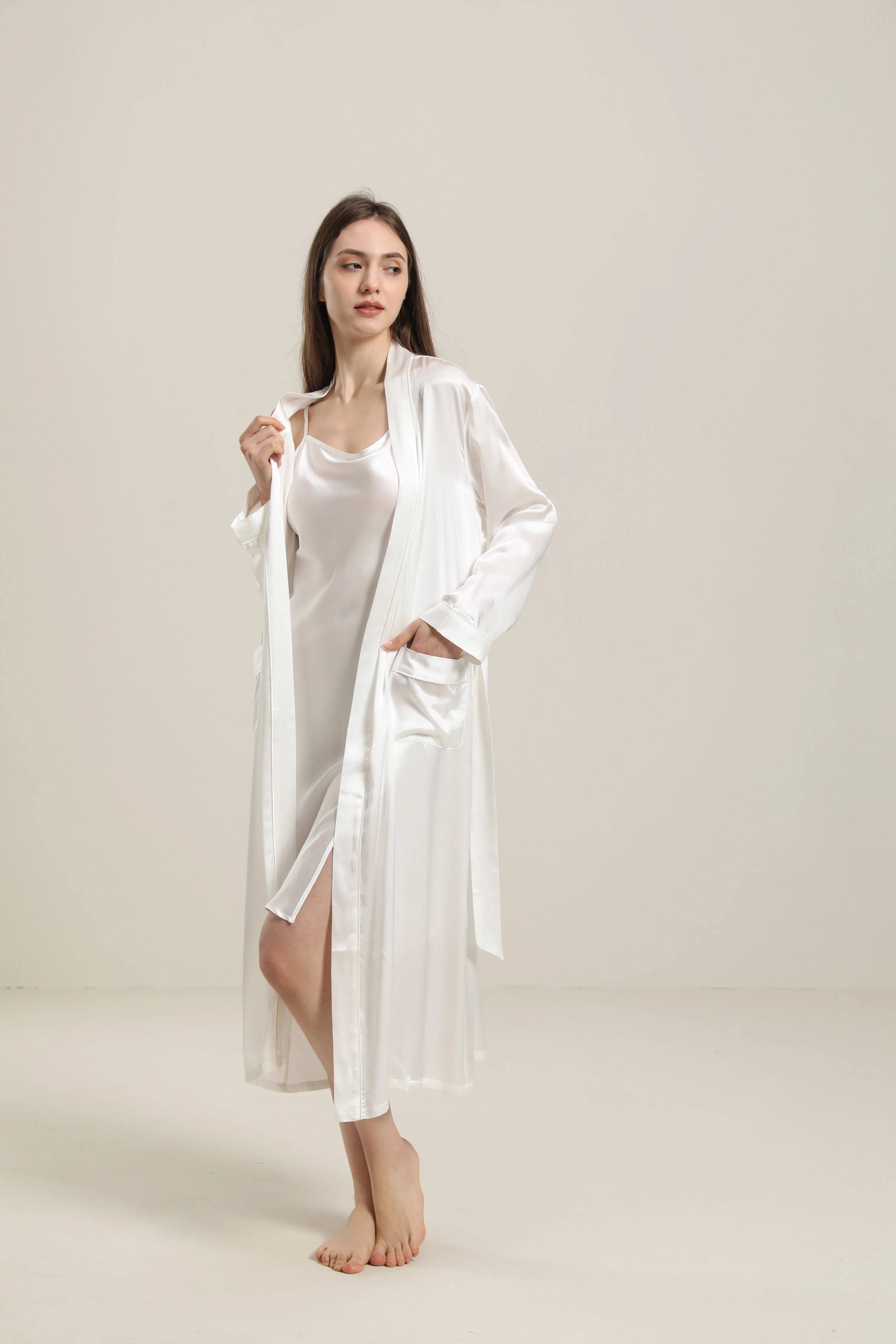 Washable Pure Color Silk Robe For Women, White