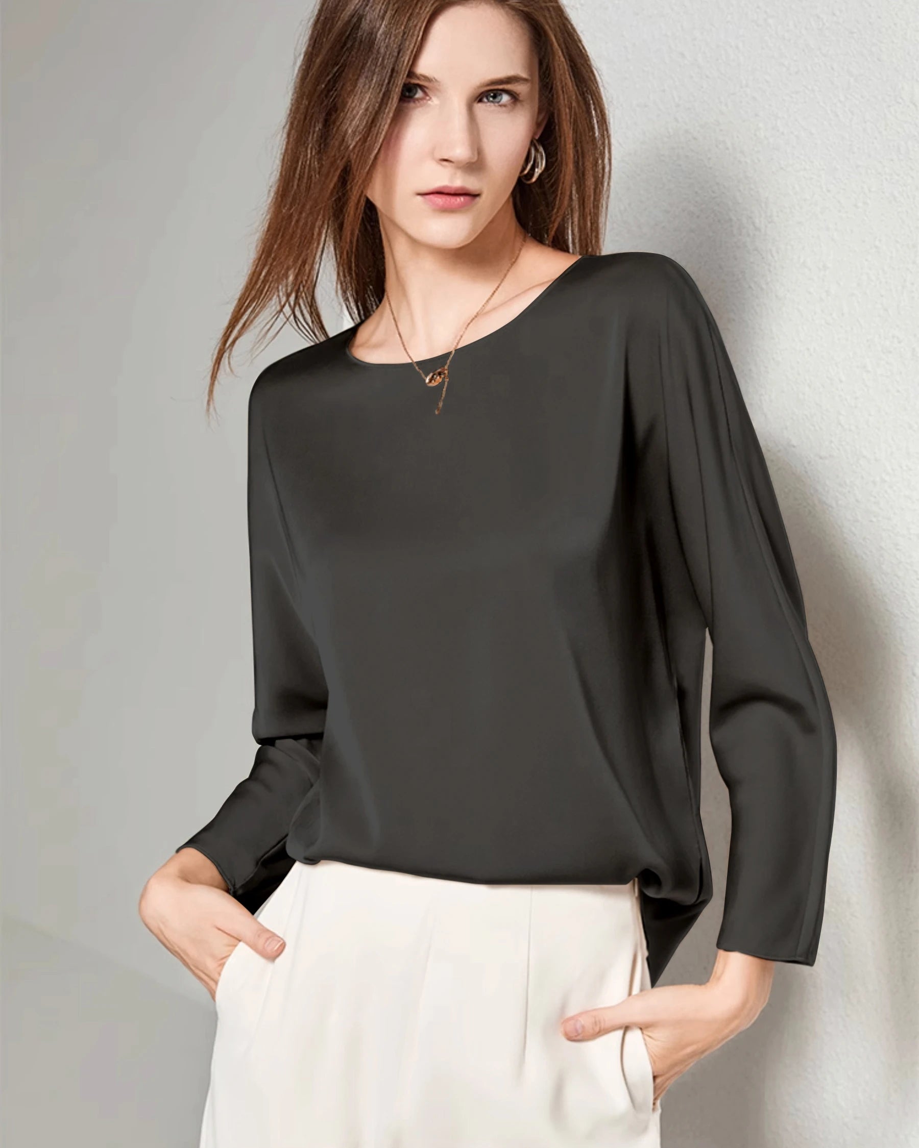 Women Basic Round Neck Silk Blouse Black