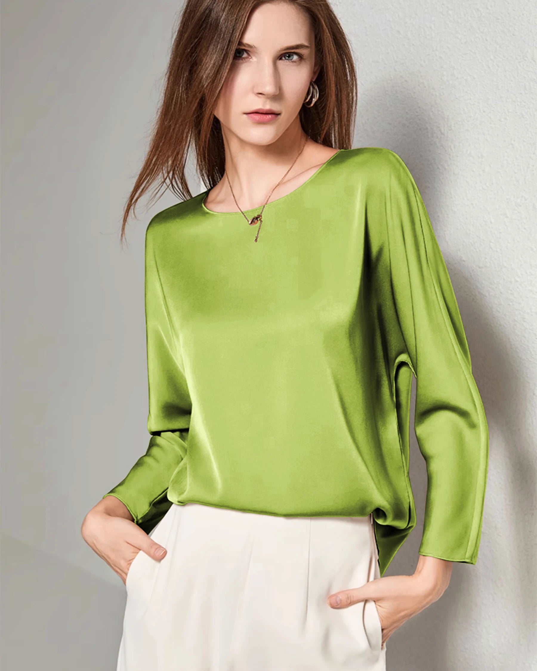 Women's Basic Round Neck Silk Blouse, Mustard Green