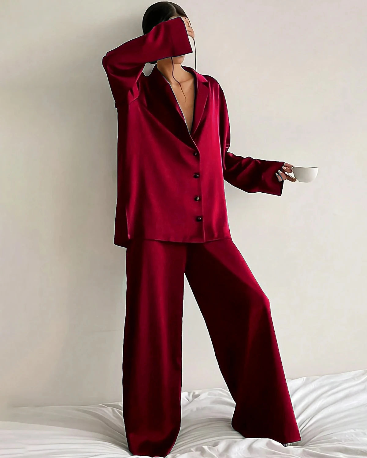 Relaxed Oversize Silk Pajamas, Red