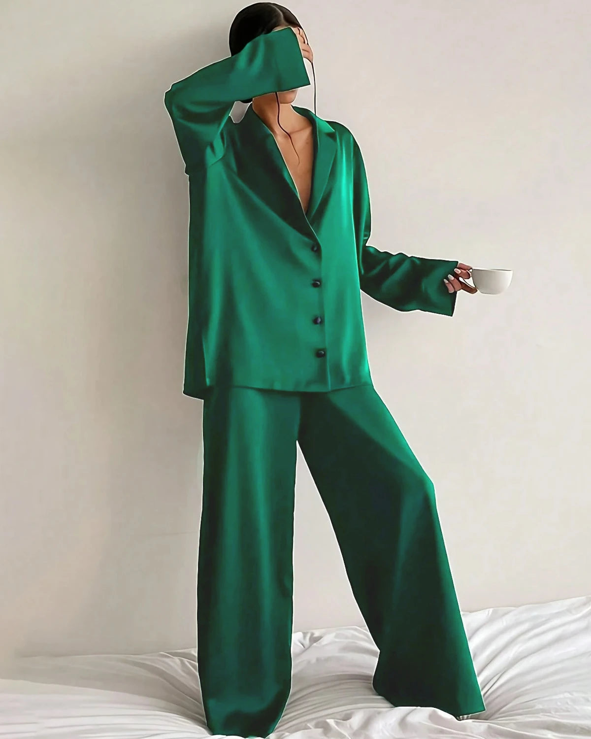 Relaxed Oversize Silk Pajamas, Dark Green