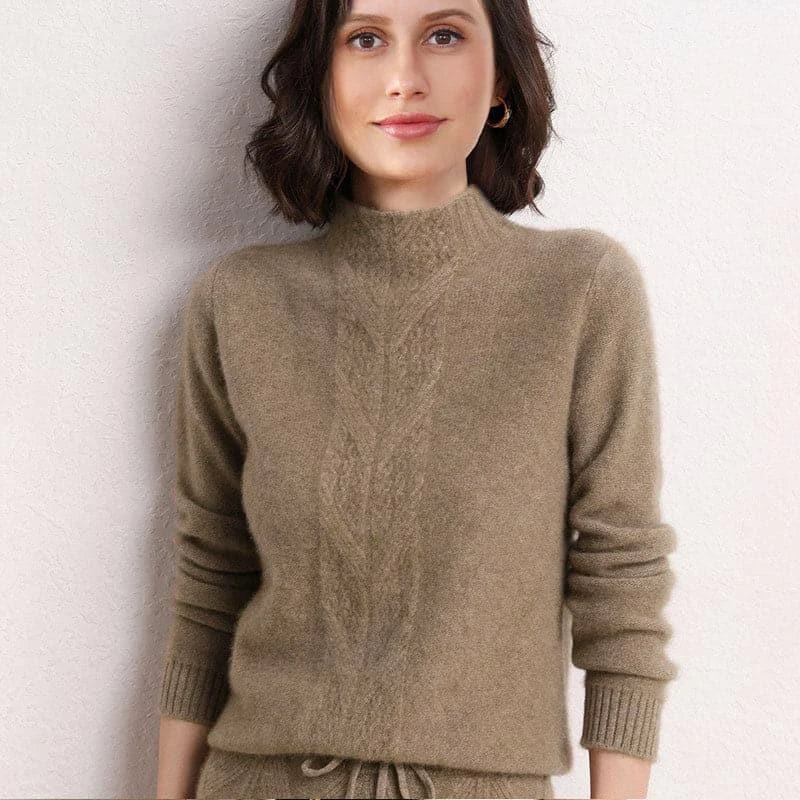 Mock Neck Knit Cashmere Sweater, Coffee