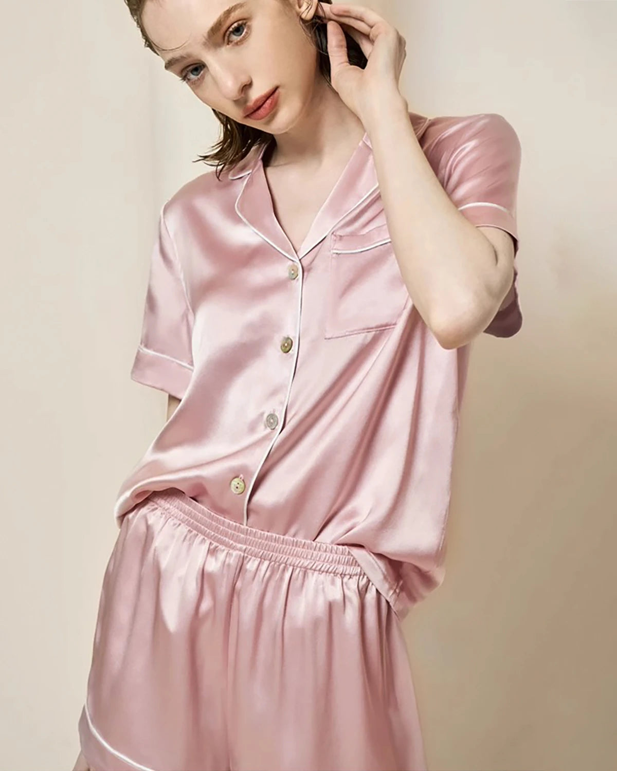 Washable Silk Pajama Short Sleeve Set, Pink