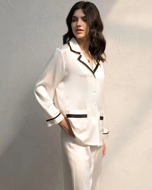 Women's Silk Pajama Set with Contrast Piping - DAISYSILK