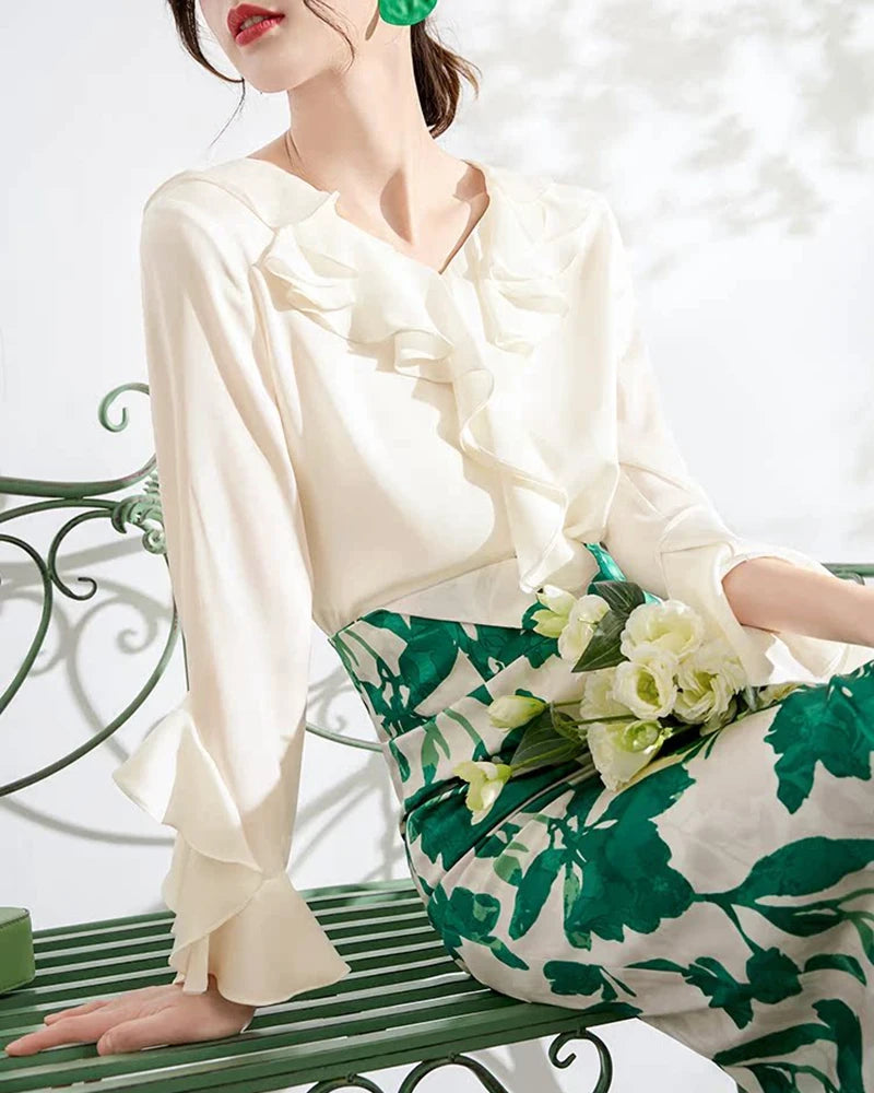 Women’s White Silk Ruffle Blouse | V-Neck Long Sleeve Ruffle Shirt ...