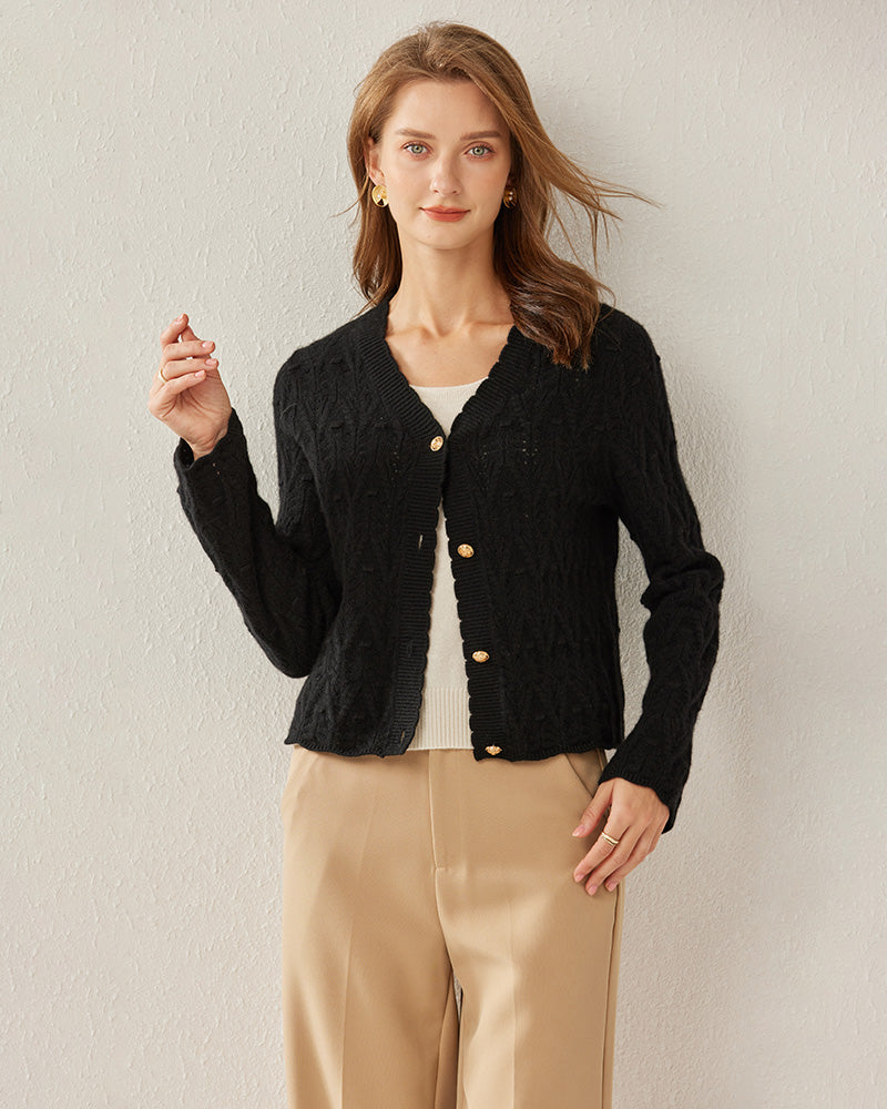 V-Neck Cable Knit Cashmere Cardigan - DAISYSILK