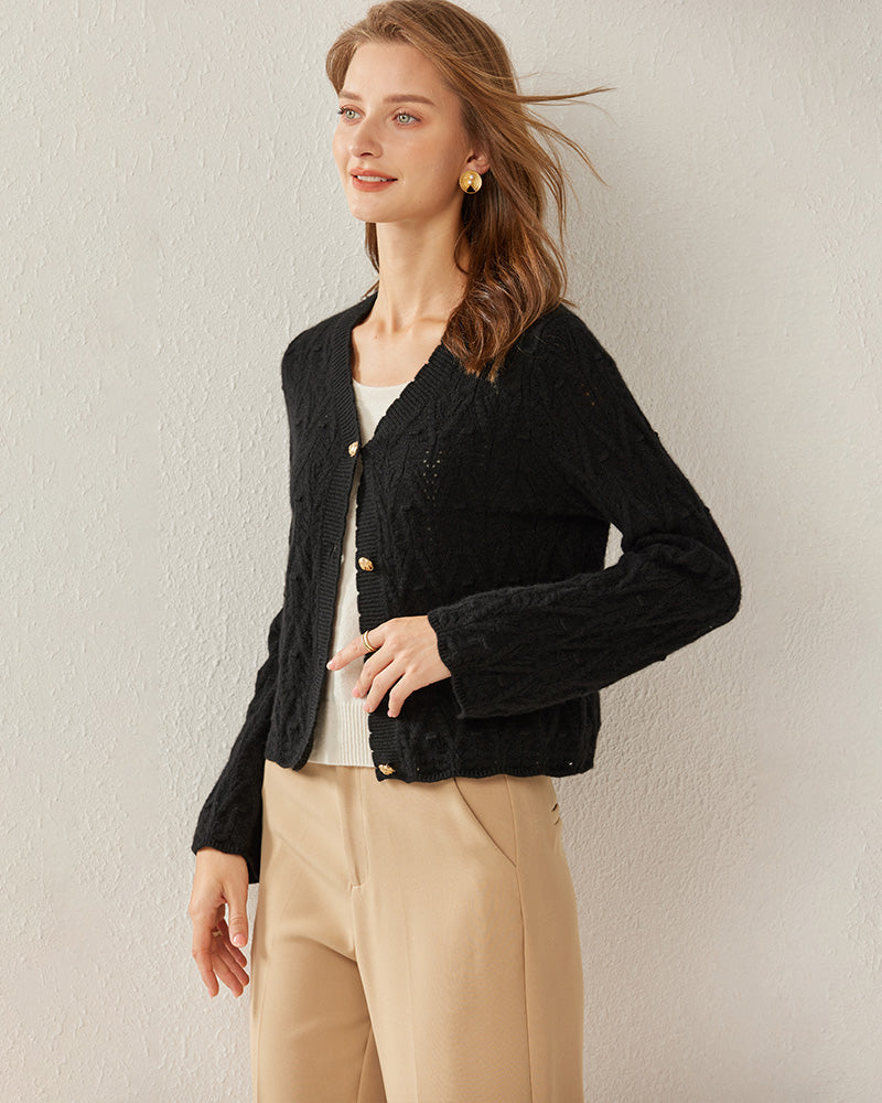 V-Neck Cable Knit Cashmere Cardigan - DAISYSILK