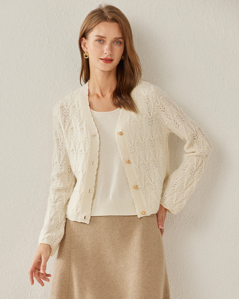 V-Neck Cable Knit Cashmere Cardigan - DAISYSILK