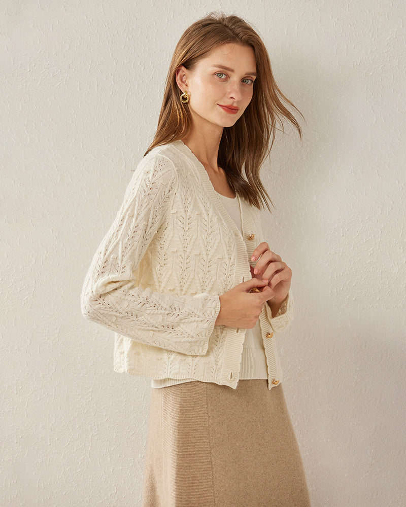 V-Neck Cable Knit Cashmere Cardigan - DAISYSILK