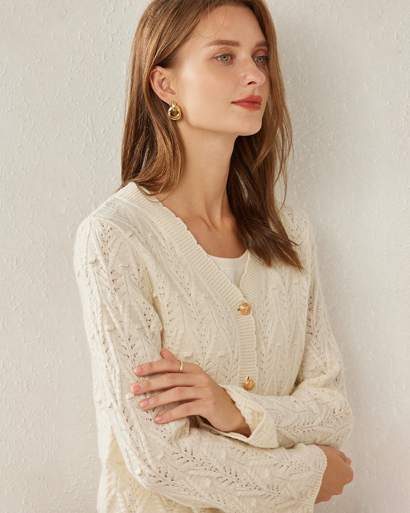 V-Neck Cable Knit Cashmere Cardigan - DAISYSILK