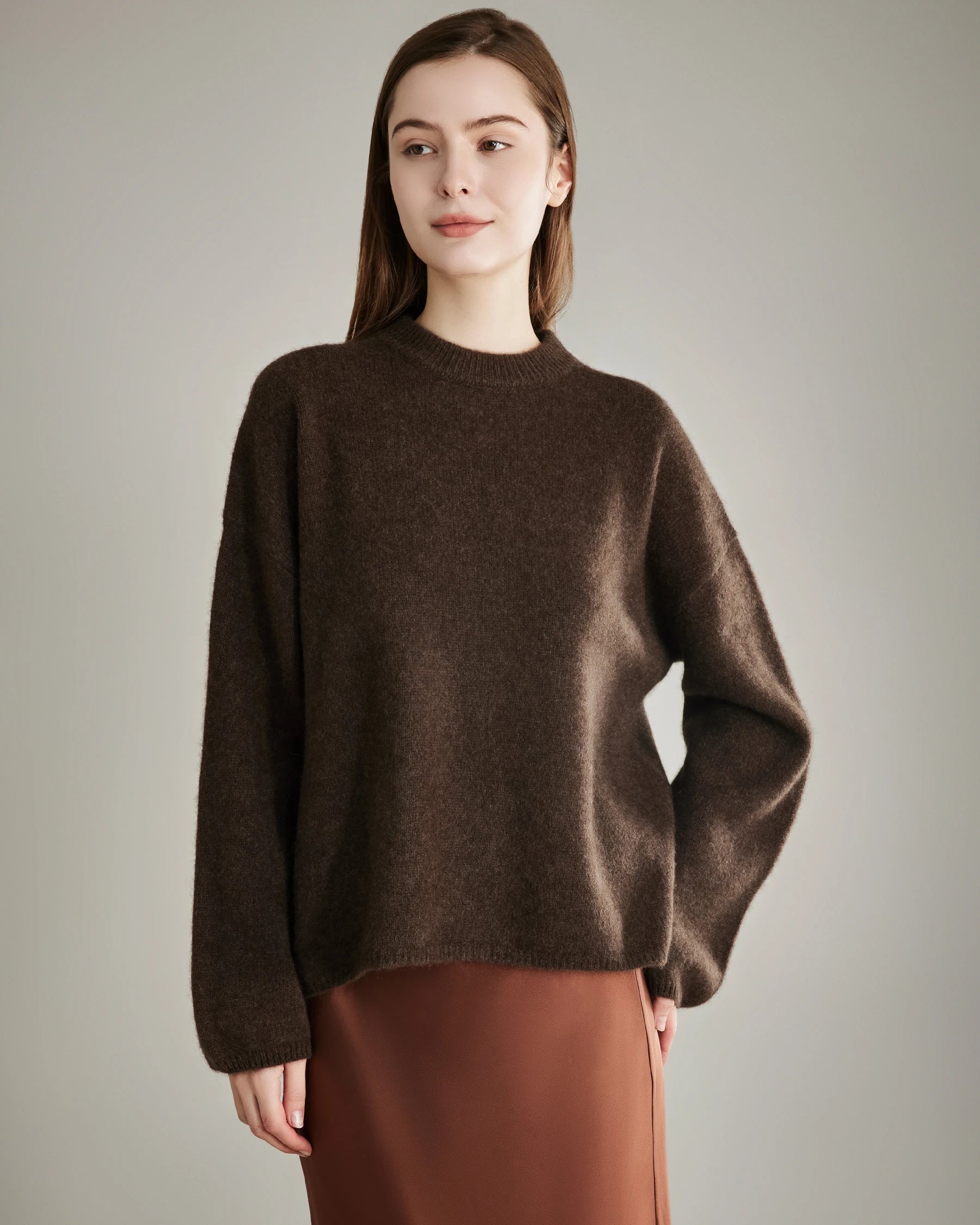 Oversize Crew Neck Cashmere Sweater, Brown