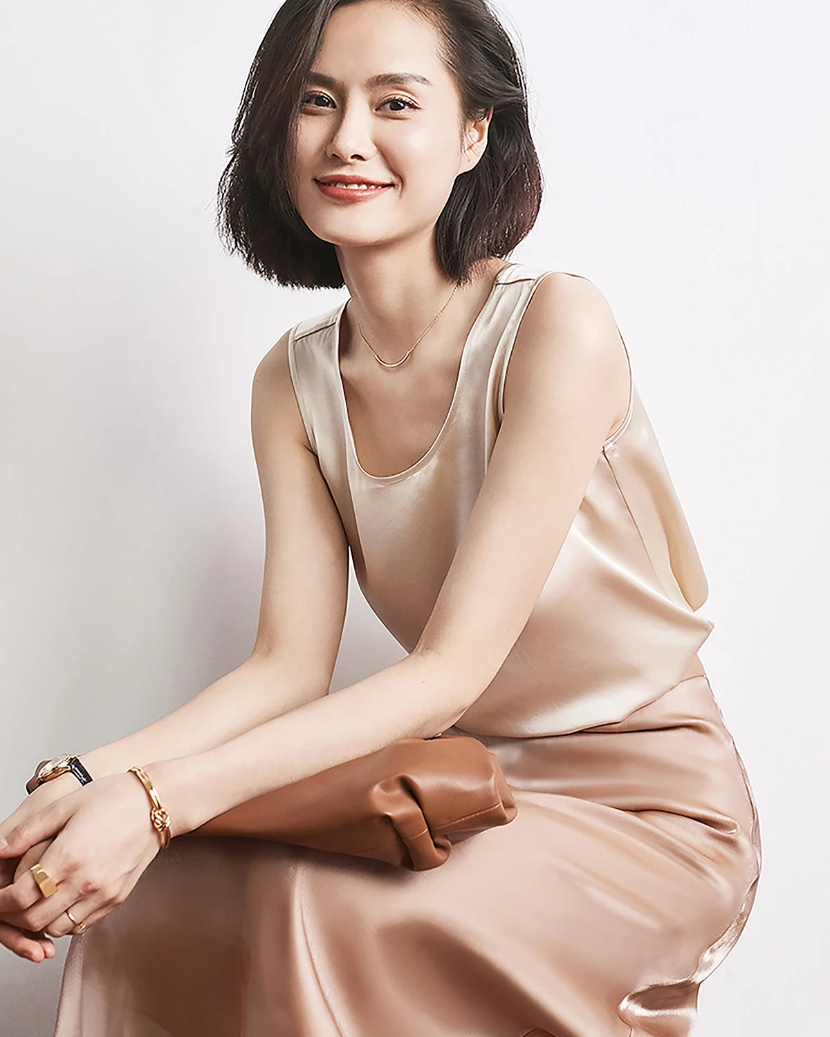 Round Neck Silk Shell Tank Champagne