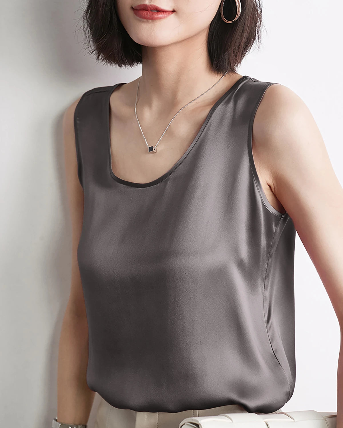 Round Neck Silk Shell Tank Dark Grey
