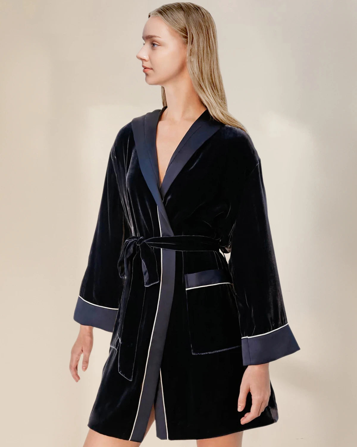 Women's Hooded Silk Velvet Robe, Navy