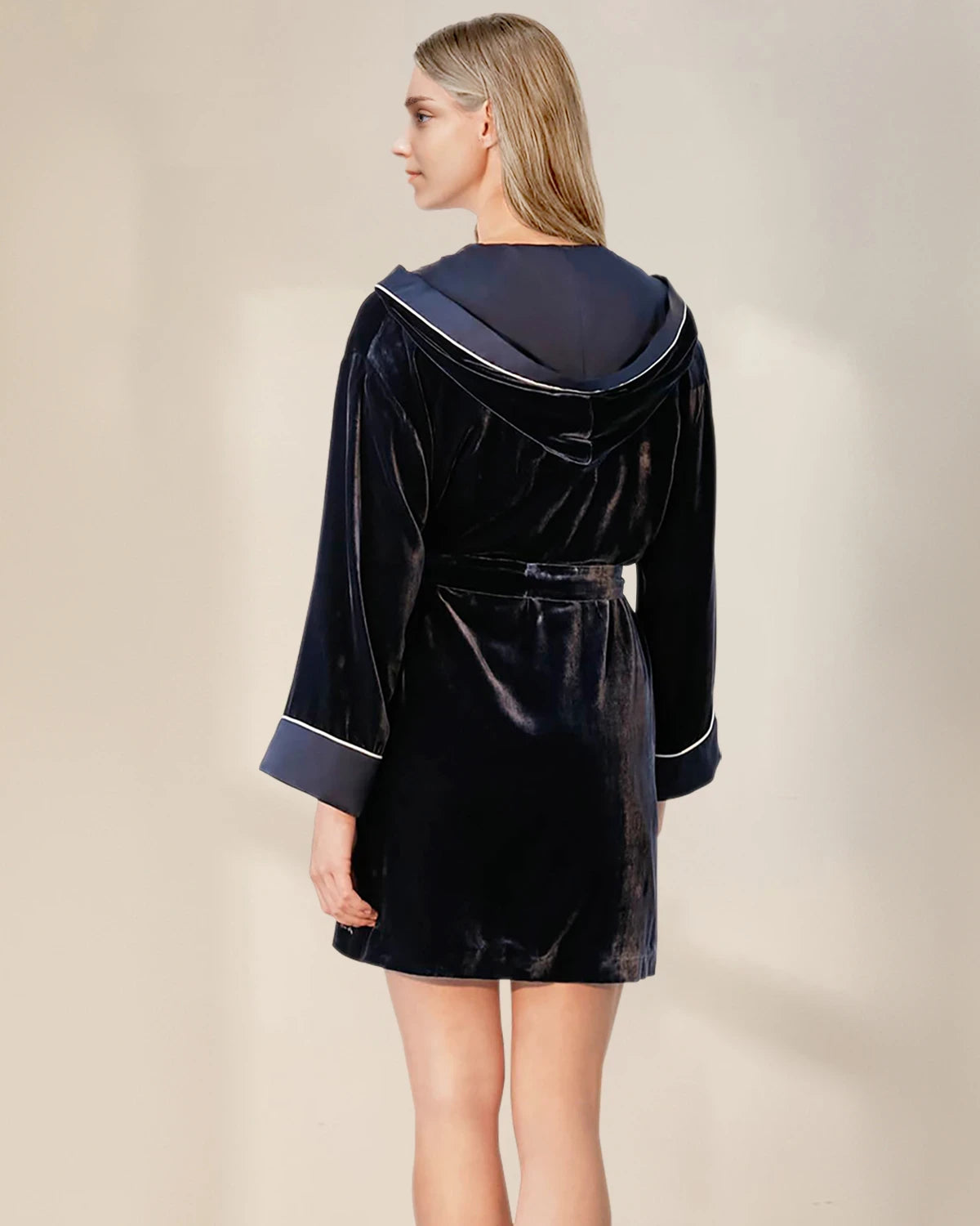 Women's Hooded Silk Velvet Robe, Navy