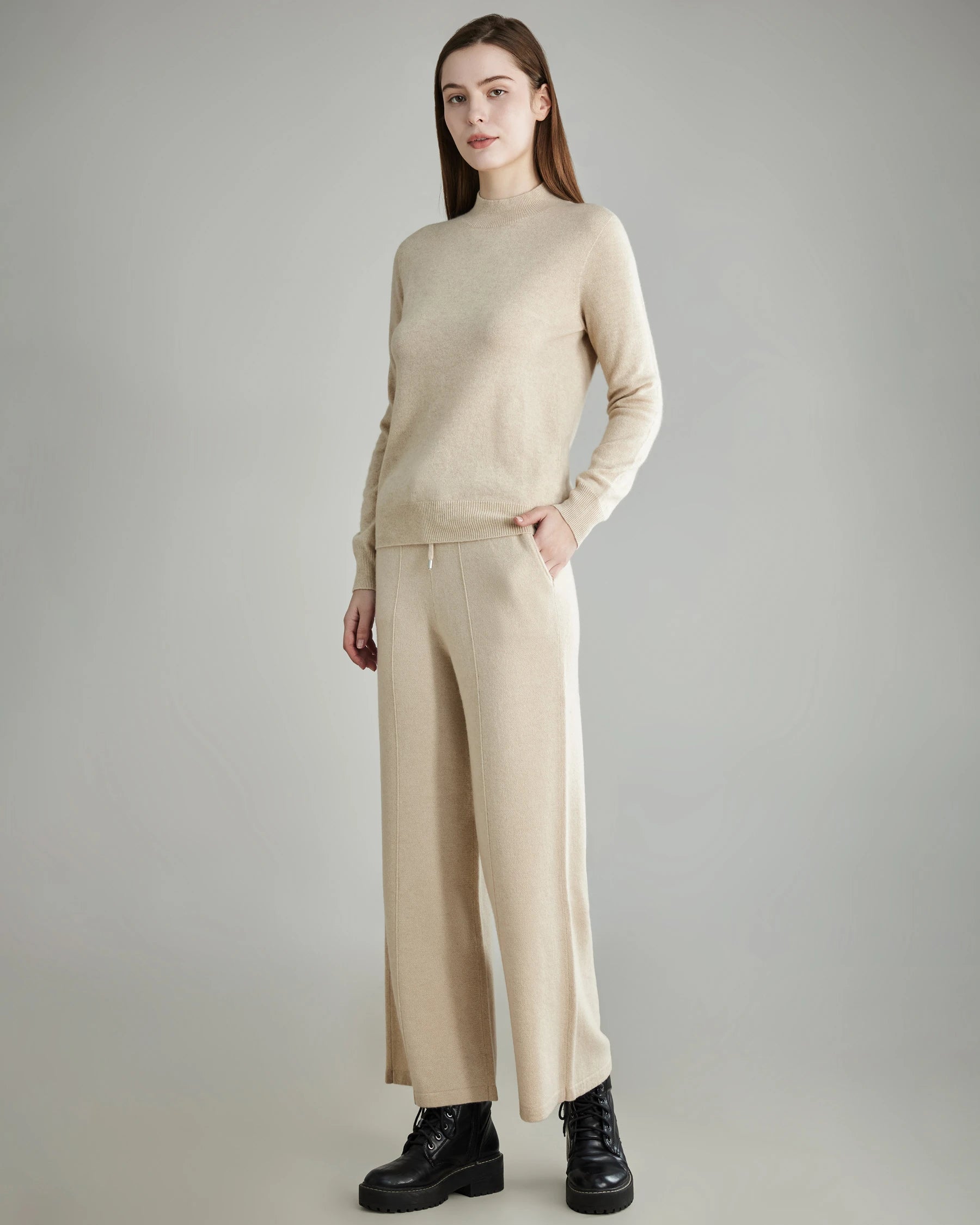 Women's Wide-Leg Cashmere Pants, Beige