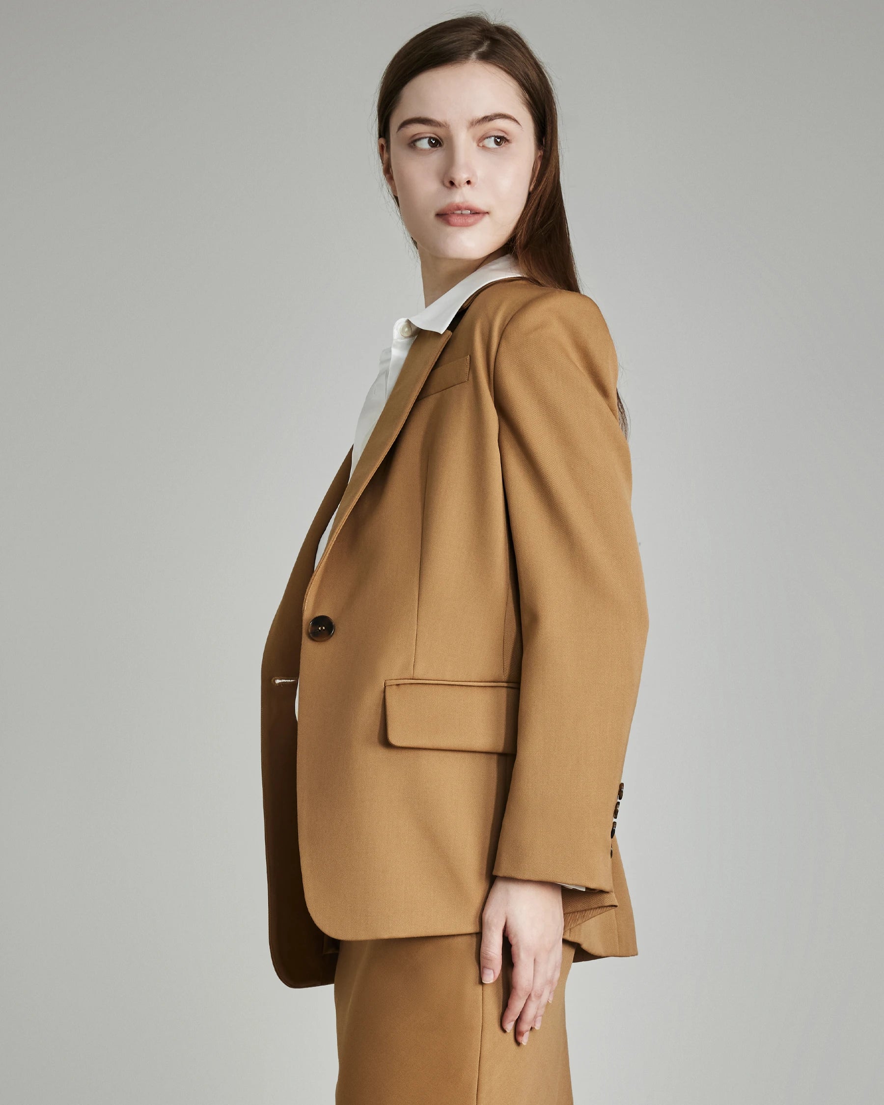 Women's Wool Blazer with Single Button, Camel