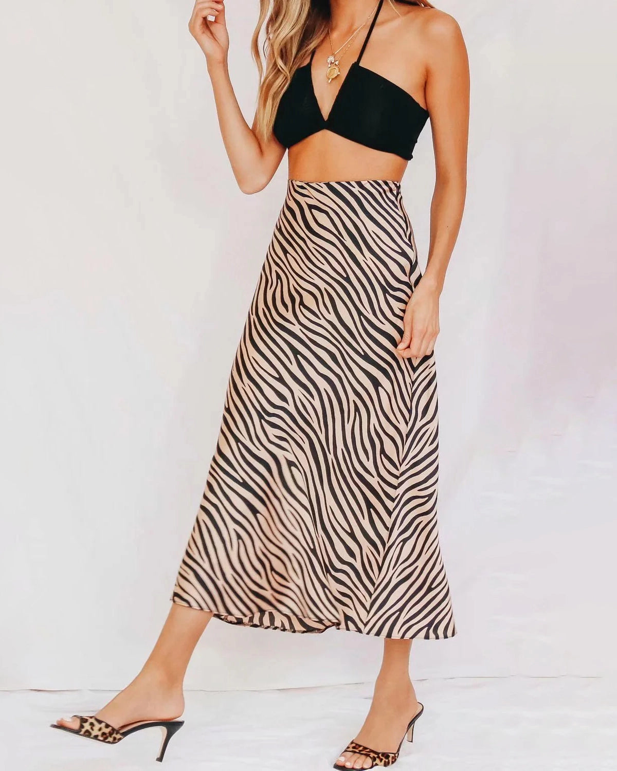 Women's Zebra Print Midi Silk Skirt, Black And White