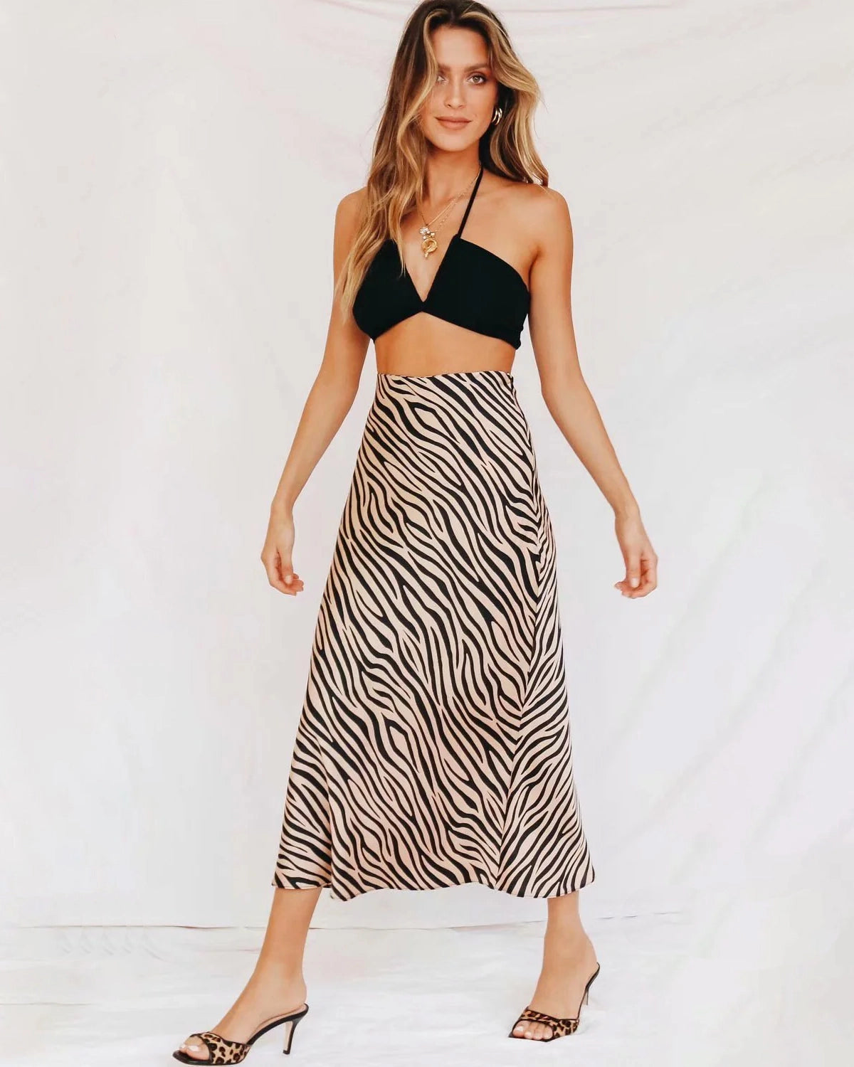 Women's Zebra Print Midi Silk Skirt, Black And White