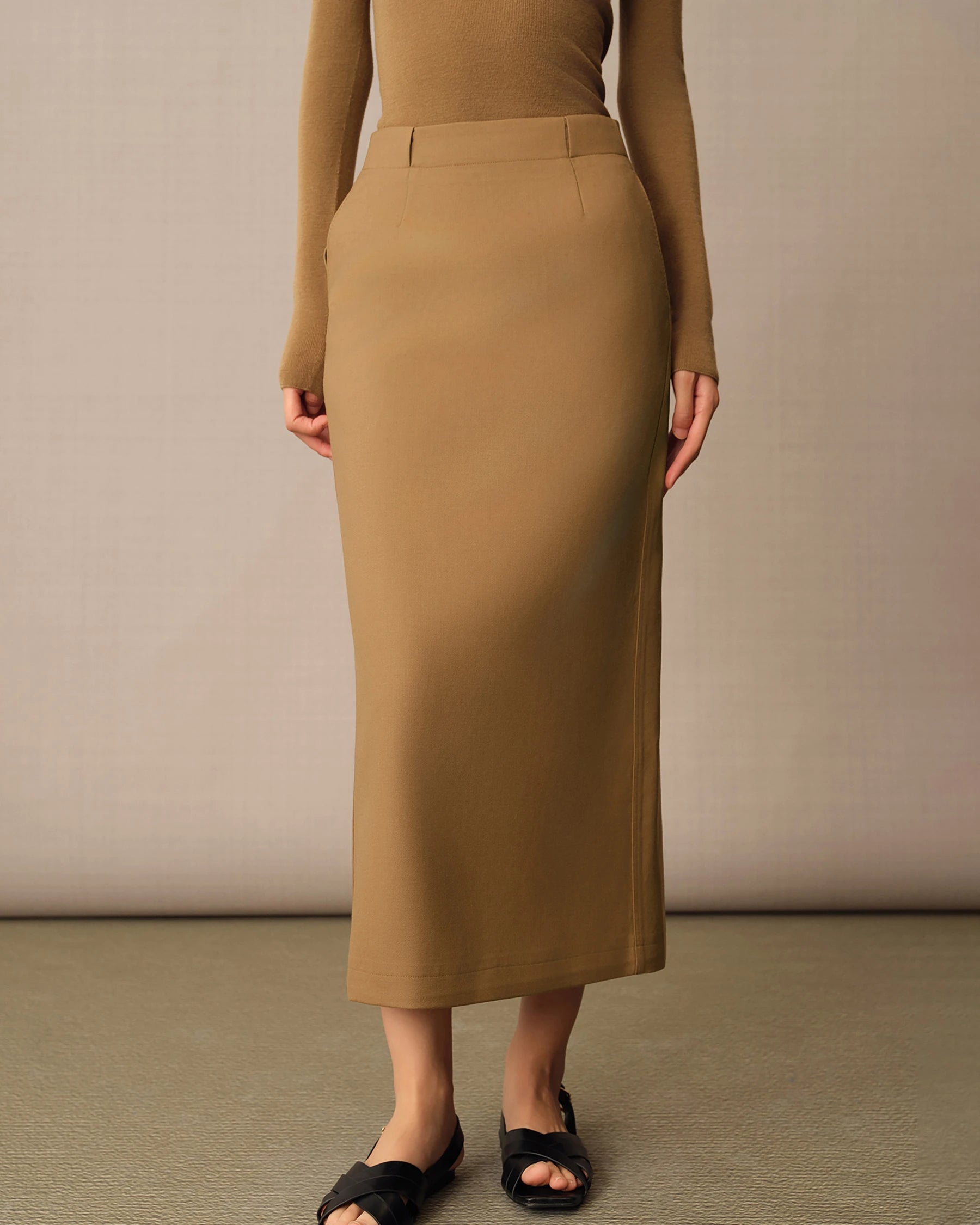 Women's Long Wool Pencil Skirt, Camel