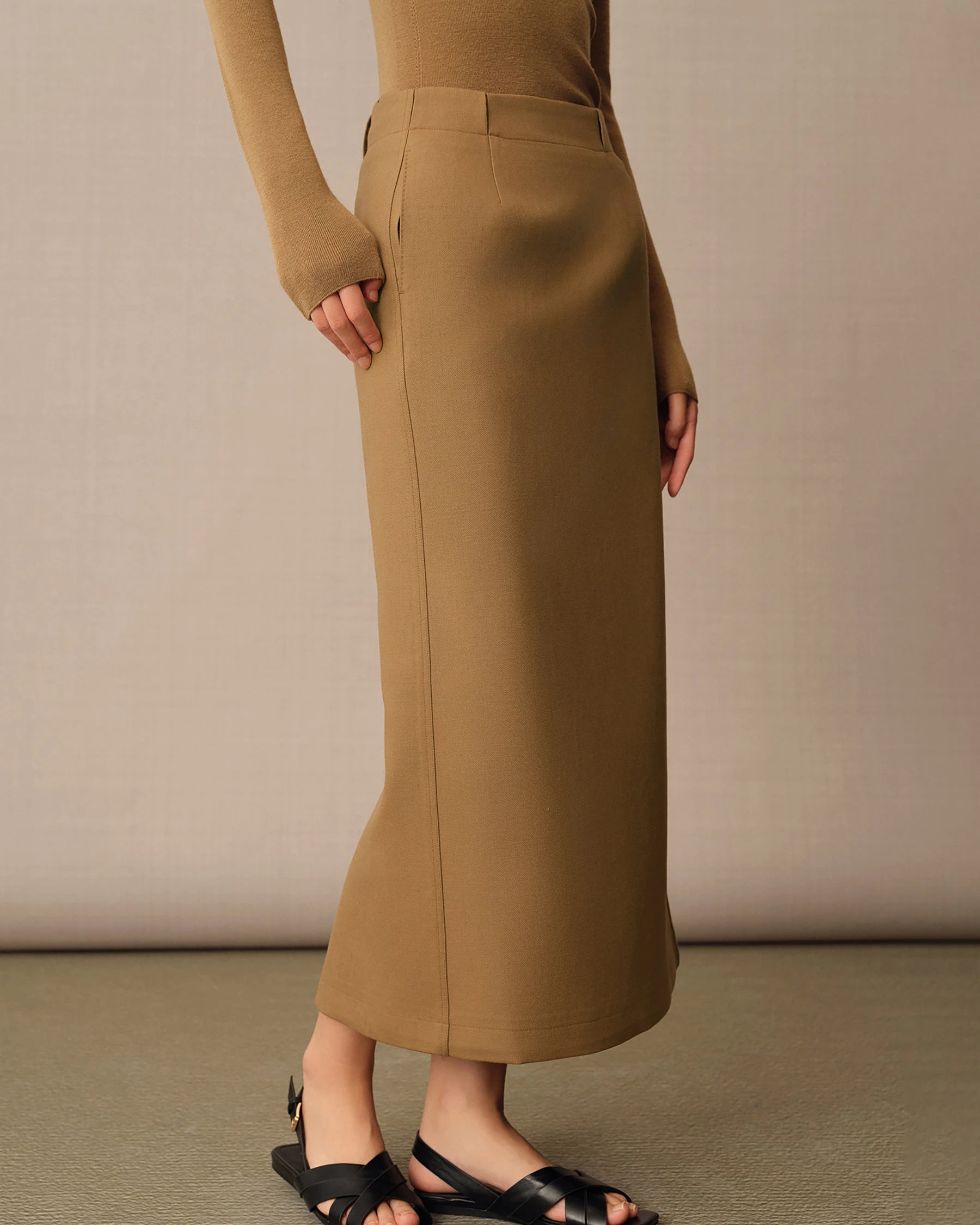 Women's Long Wool Pencil Skirt, Camel