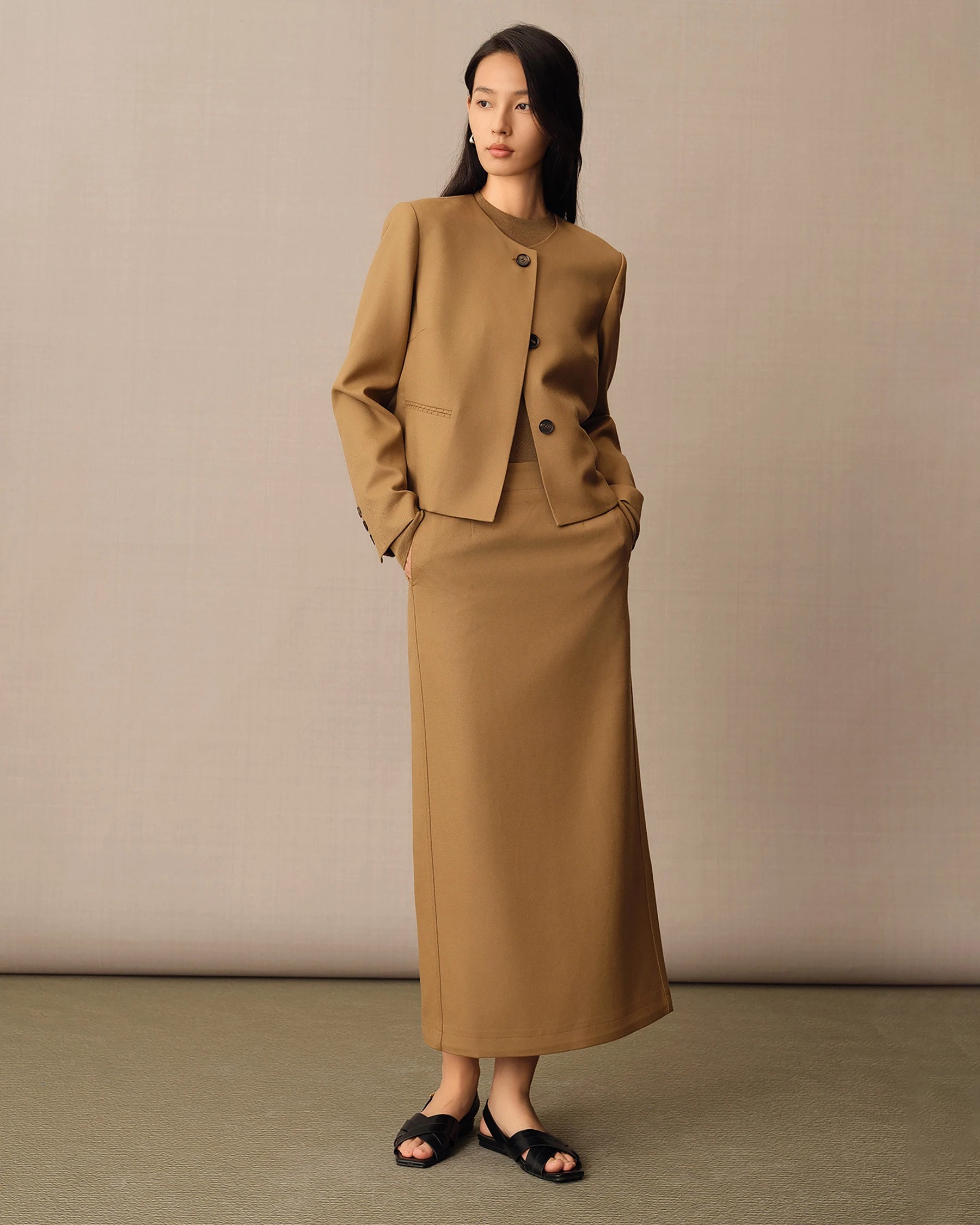 Women's Long Wool Pencil Skirt, Camel